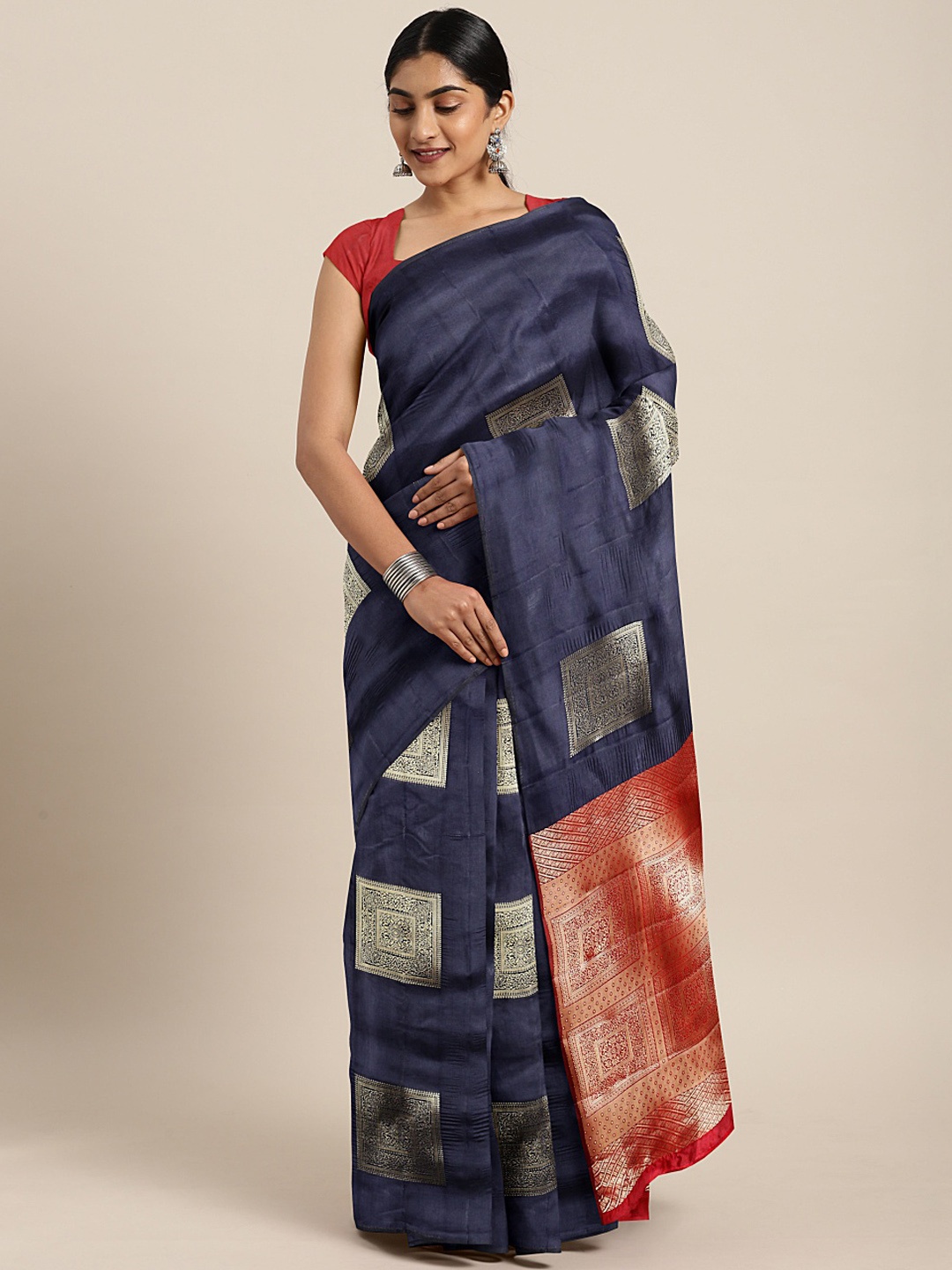 KALINI Navy Blue & Gold-Toned Woven Design Banarasi Saree