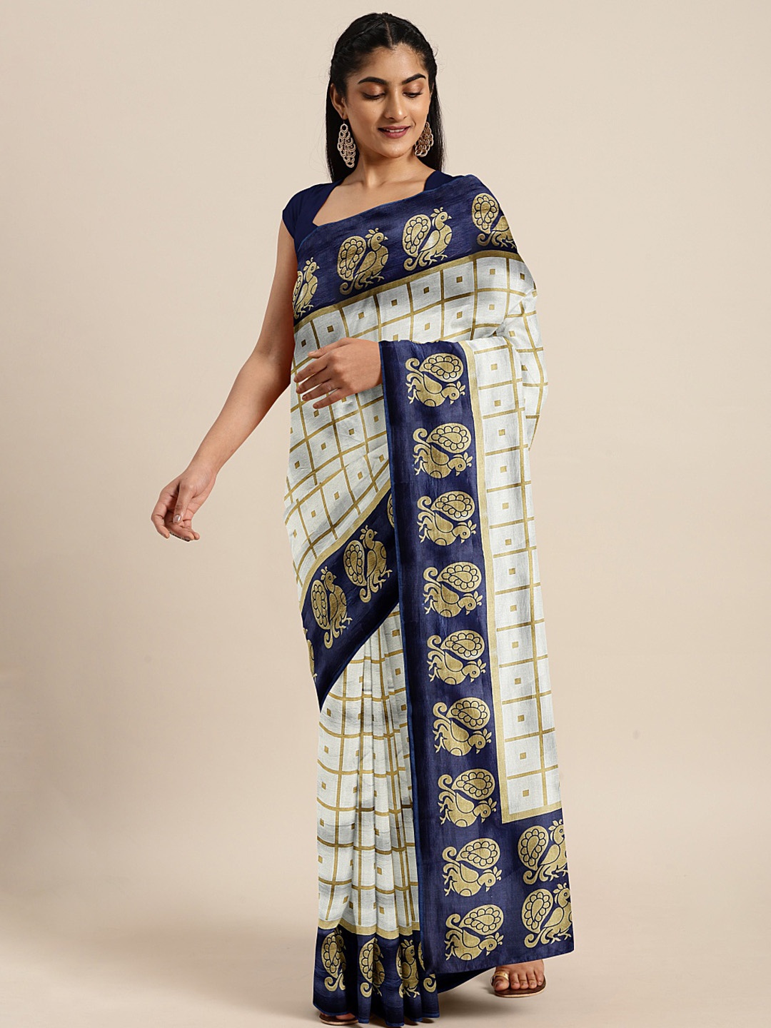 Mitera Off-White & Navy Blue Checked Saree