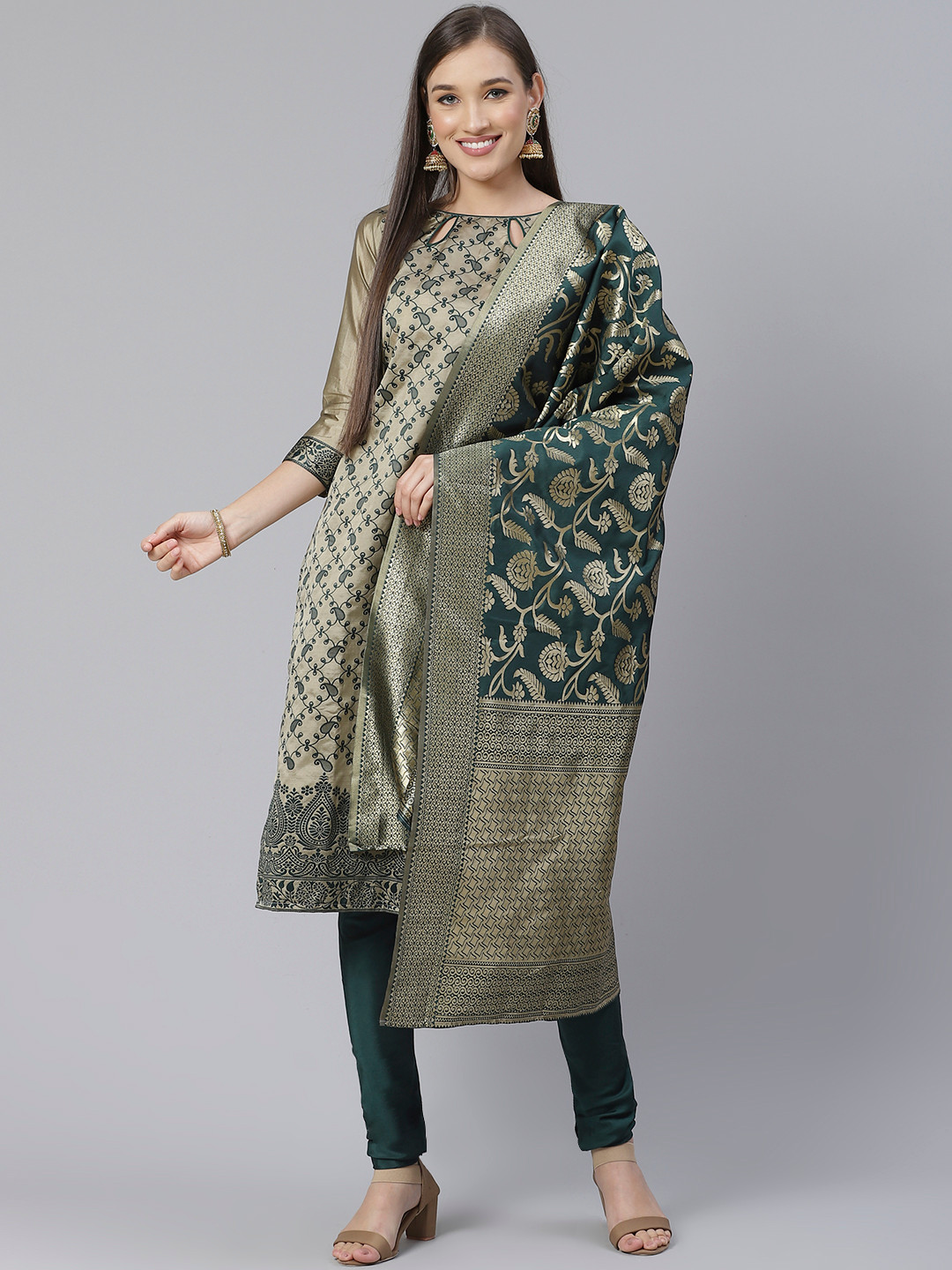 DIVASTRI Taupe & Green Woven Design Unstitched Dress Material With Dupatta 
DIVASTRI Taupe & Green Woven Design Unstitched Dress Material With Dupatta