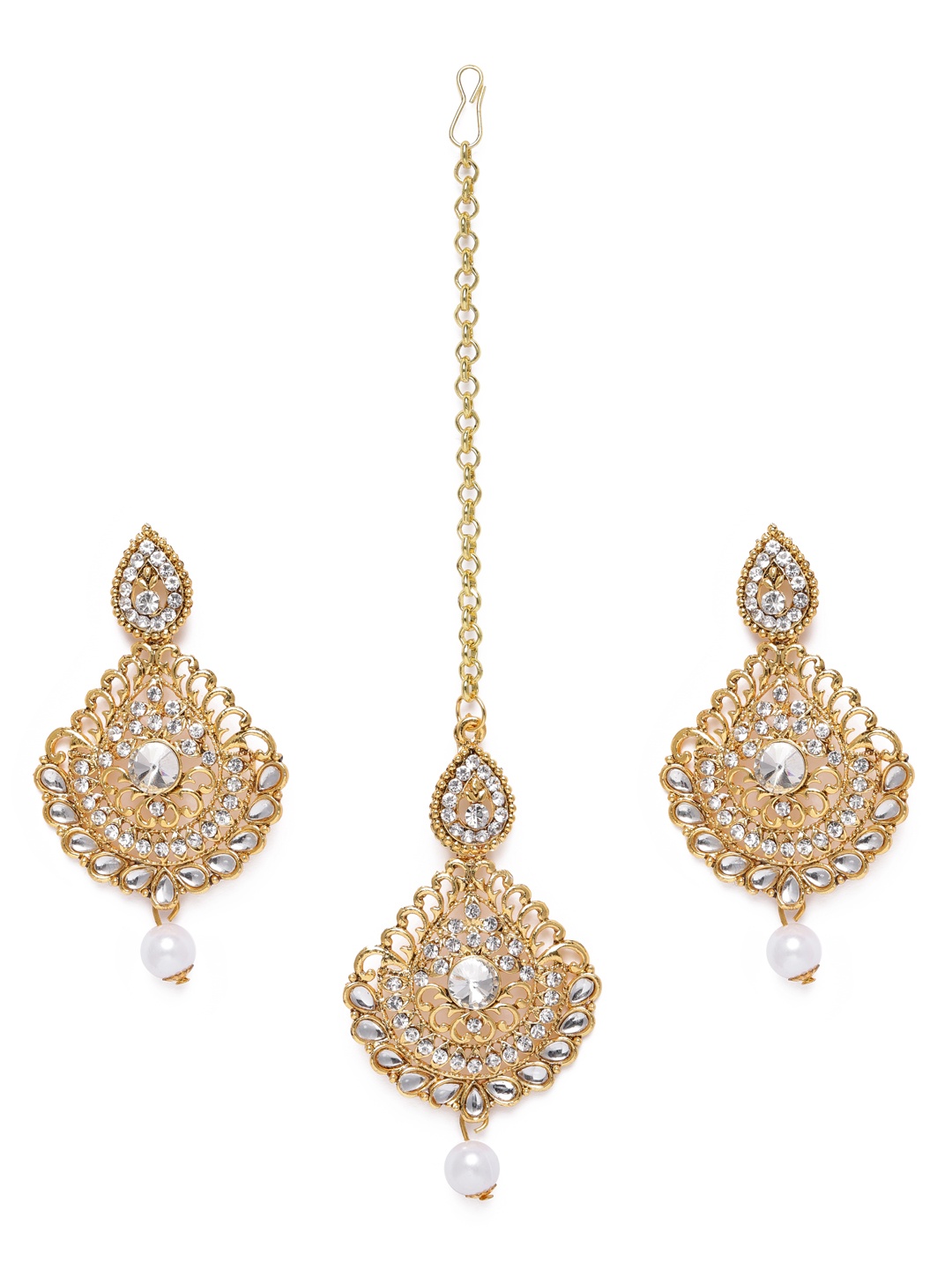 Kord Store Gold-Plated Stone Studded Chandbali Earrings with Maang Tikka Set
Kord Store Gold-Plated Stone Studded Chandbali Earrings with Maang Tikka Set