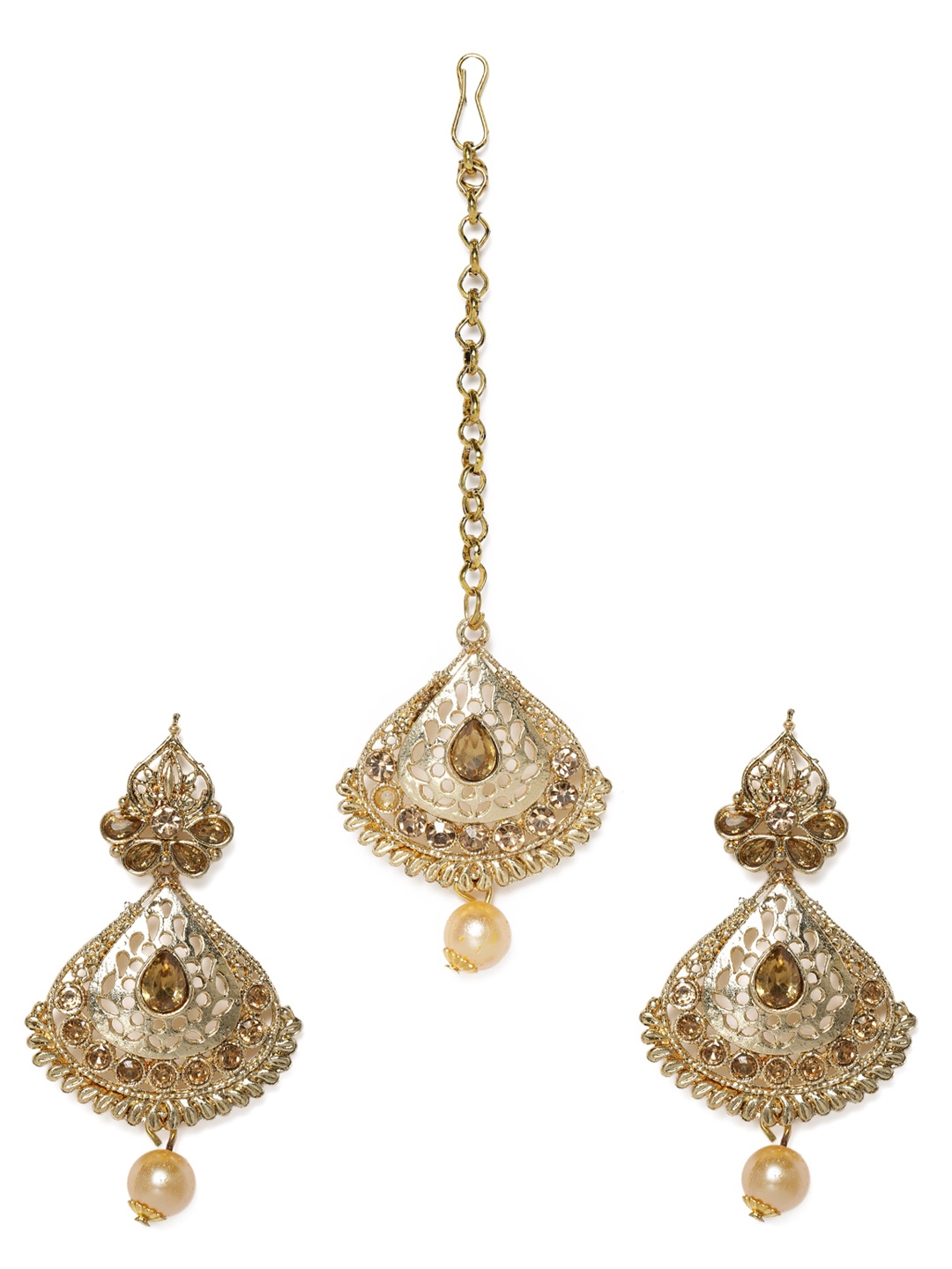 Kord Store Gold-Plated Oval Shape Drop Earrings with Maang Tikka Set
