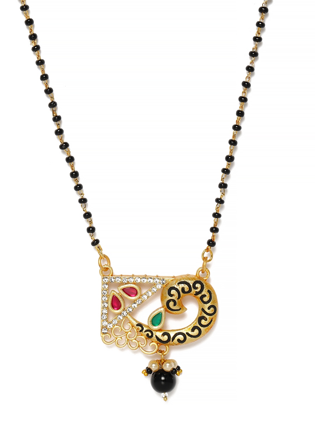 Kord Store Black Gold-Plated Stone-Studded & Beaded Mangalsutra