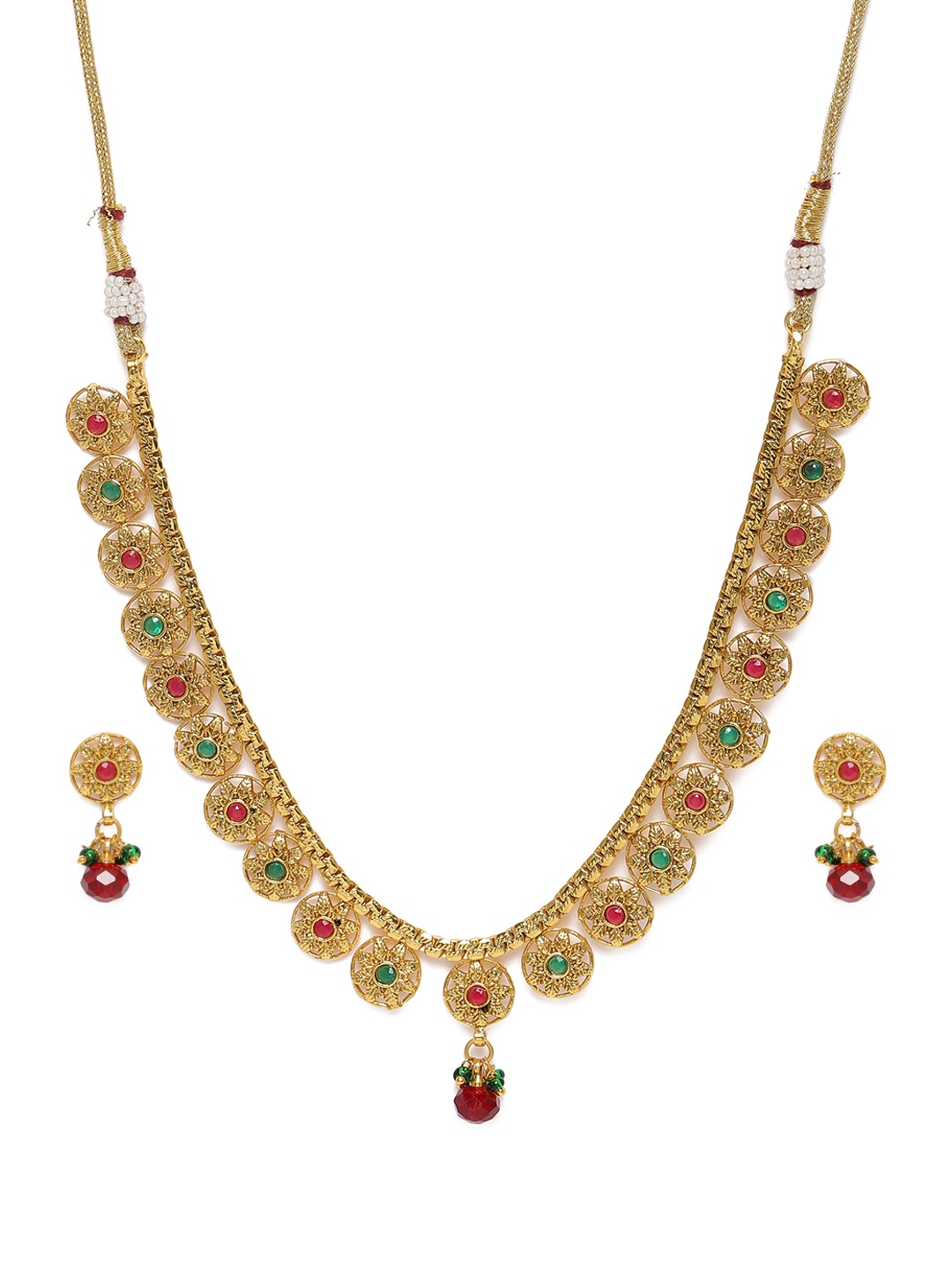 Kord Store Maroon & Green Gold-Plated Stone Studded Jewellery Set
