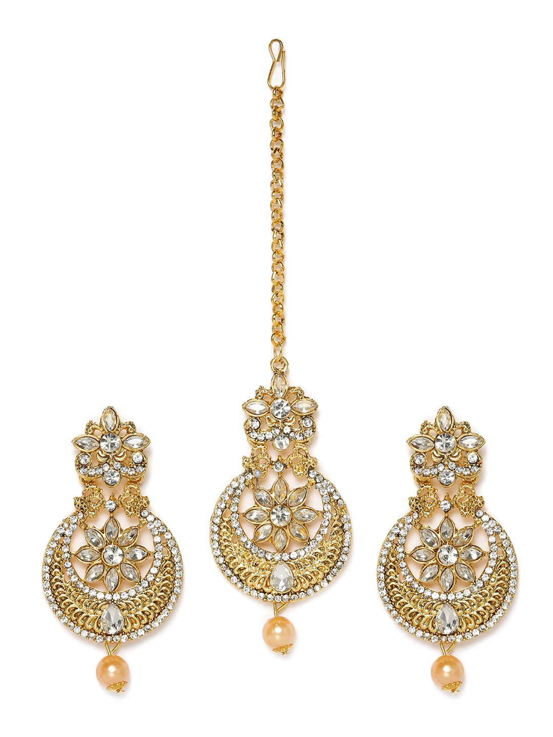 Kord Store Gold-Plated Stone Studded Chandbali Earrings with Maang Tikka Set