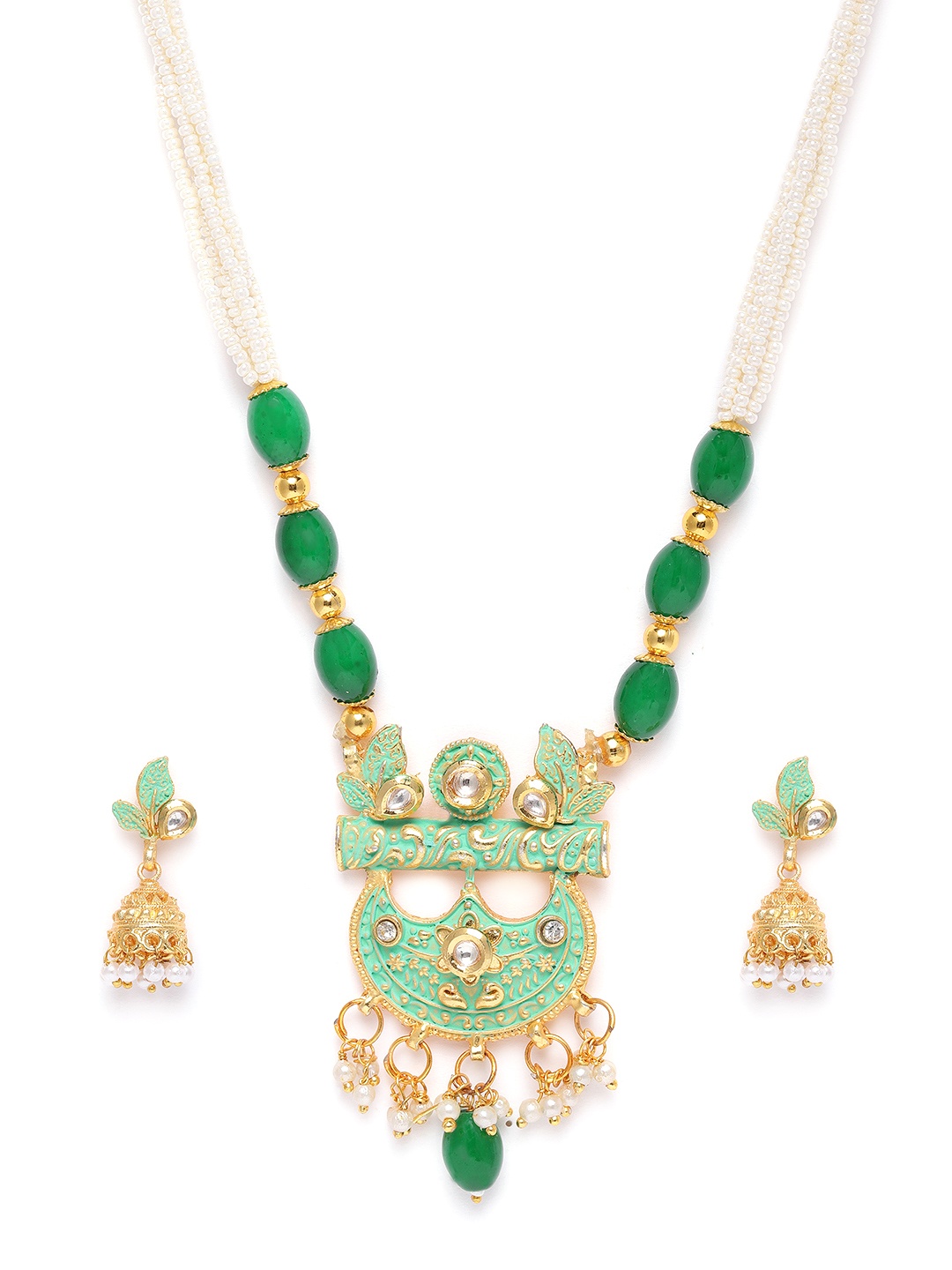 Kord Store Green Gold Plated Lariyat Meenakari Chand Shape Necklace & Jhumka Earrings Set
Kord Store Green Gold Plated Lariyat Meenakari Chand Shape Necklace & Jhumka Earrings Set