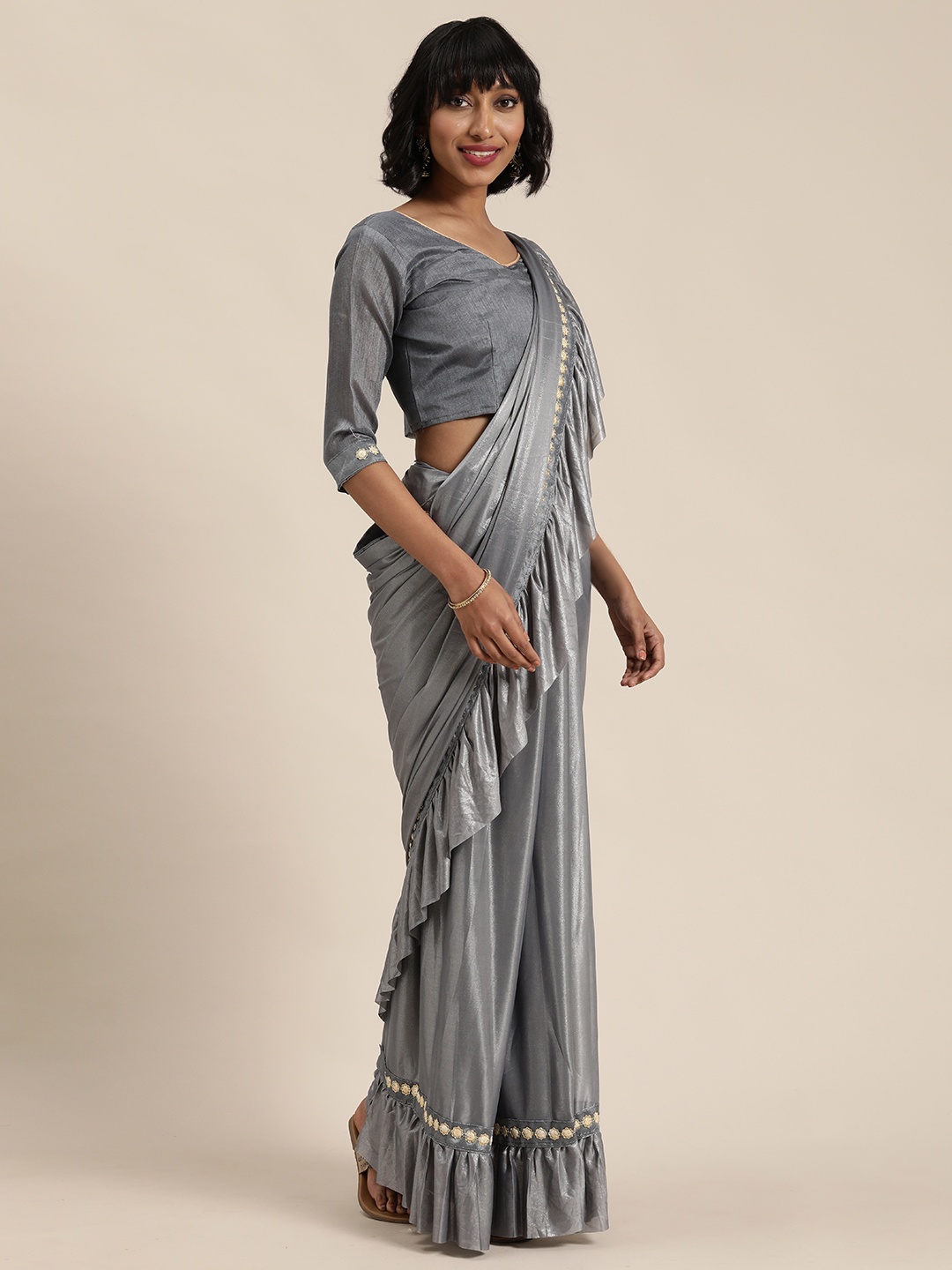 Florence Grey Solid Voile Ruffle Border Saree