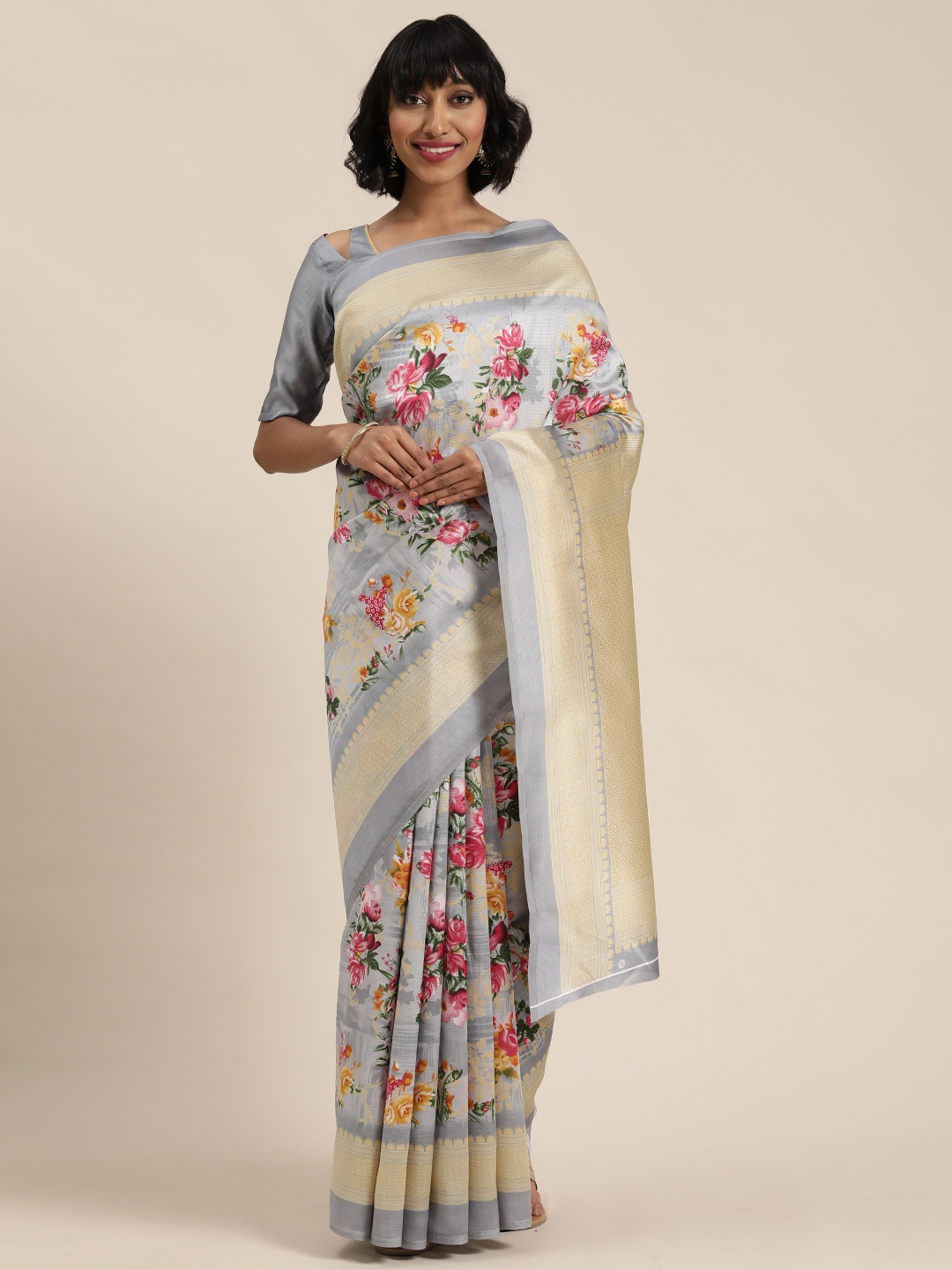 Florence Grey & Pink Floral Printed Saree