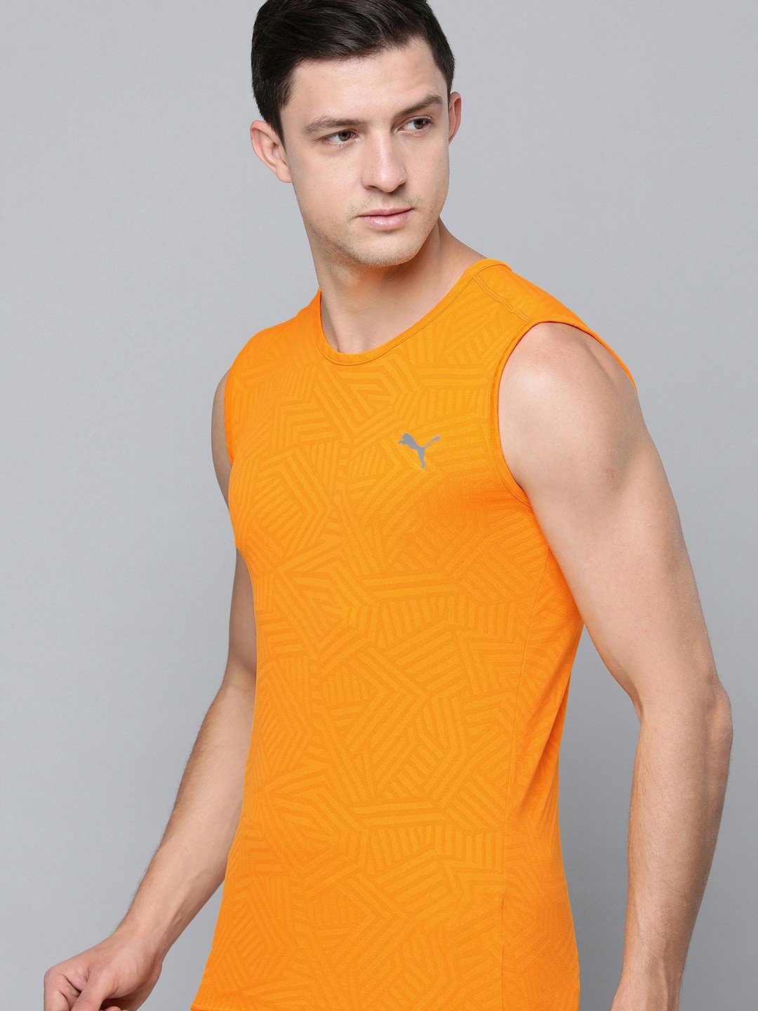 one8 x PUMA Men Mustard Yellow Printed Slim Fit dryCELL Virat Kohli Tank T-shirt
