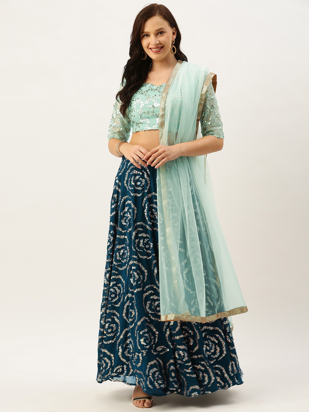 Ethnovog Teal Blue Sea Green Embellished Made to Measure Lehenga Blouse with Dupatta
Ethnovog Teal Blue Sea Green Embellished Made to Measure Lehenga Blouse with Dupatta