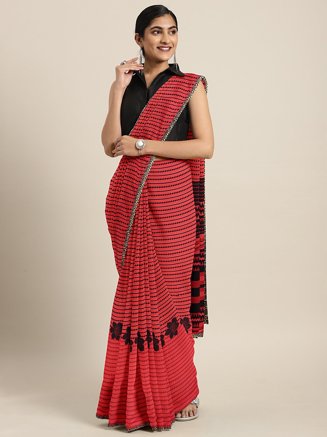KALINI Red & Black Poly Georgette Printed Saree