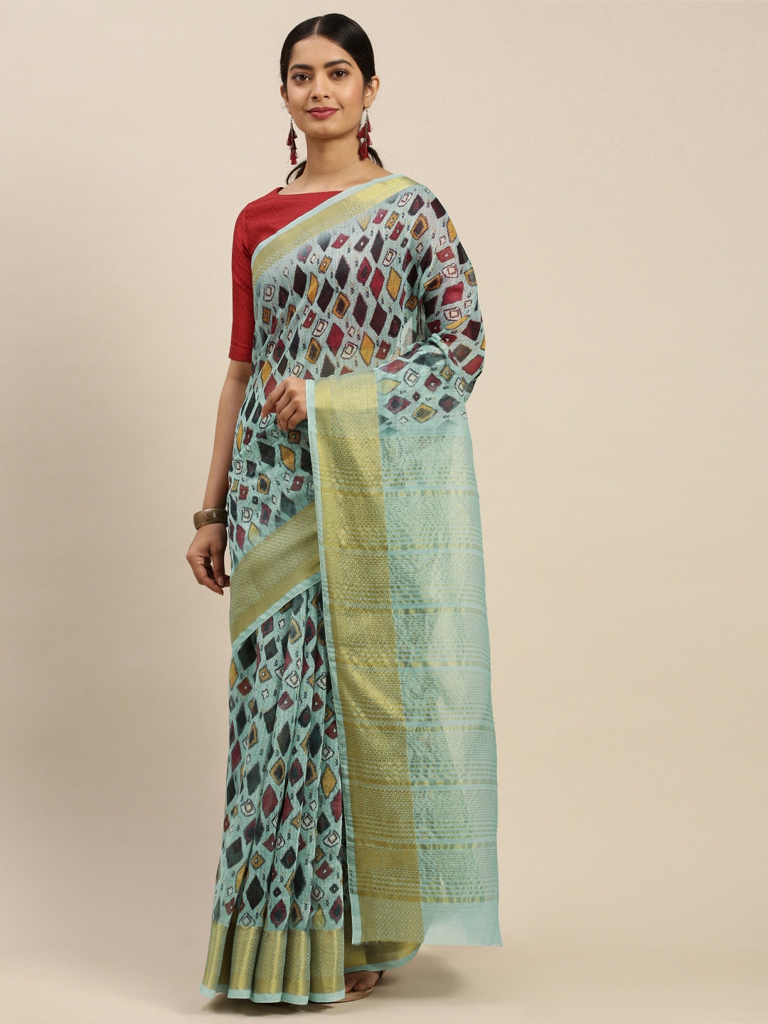 Rajnandini Turquoise Blue & Black Printed Saree