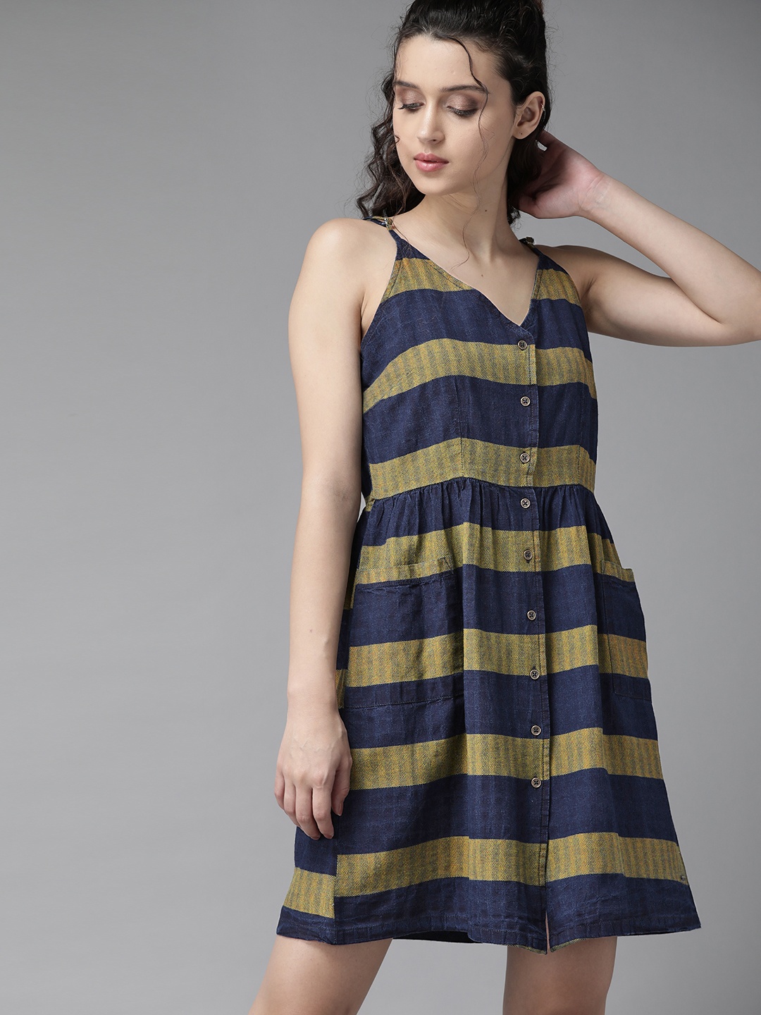 The Roadster Lifestyle Co Women Navy & Yellow Pure Cotton Striped A-Line Dress, Navy blue
The Roadster Lifestyle Co Women Navy & Yellow Pure Cotton Striped A-Line Dress, Navy blue