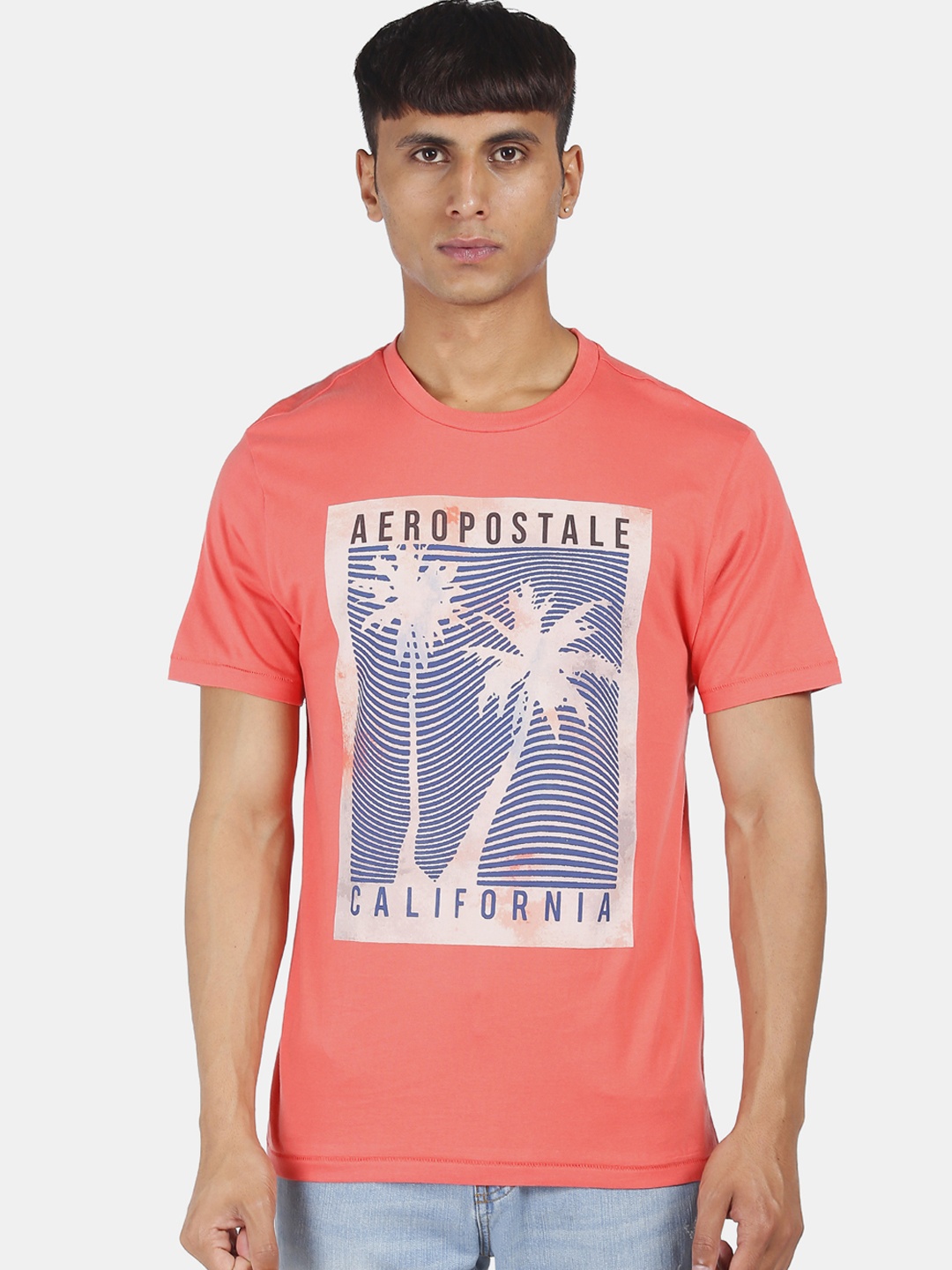 Aeropostale Men Coral Printed Round Neck T-shirt