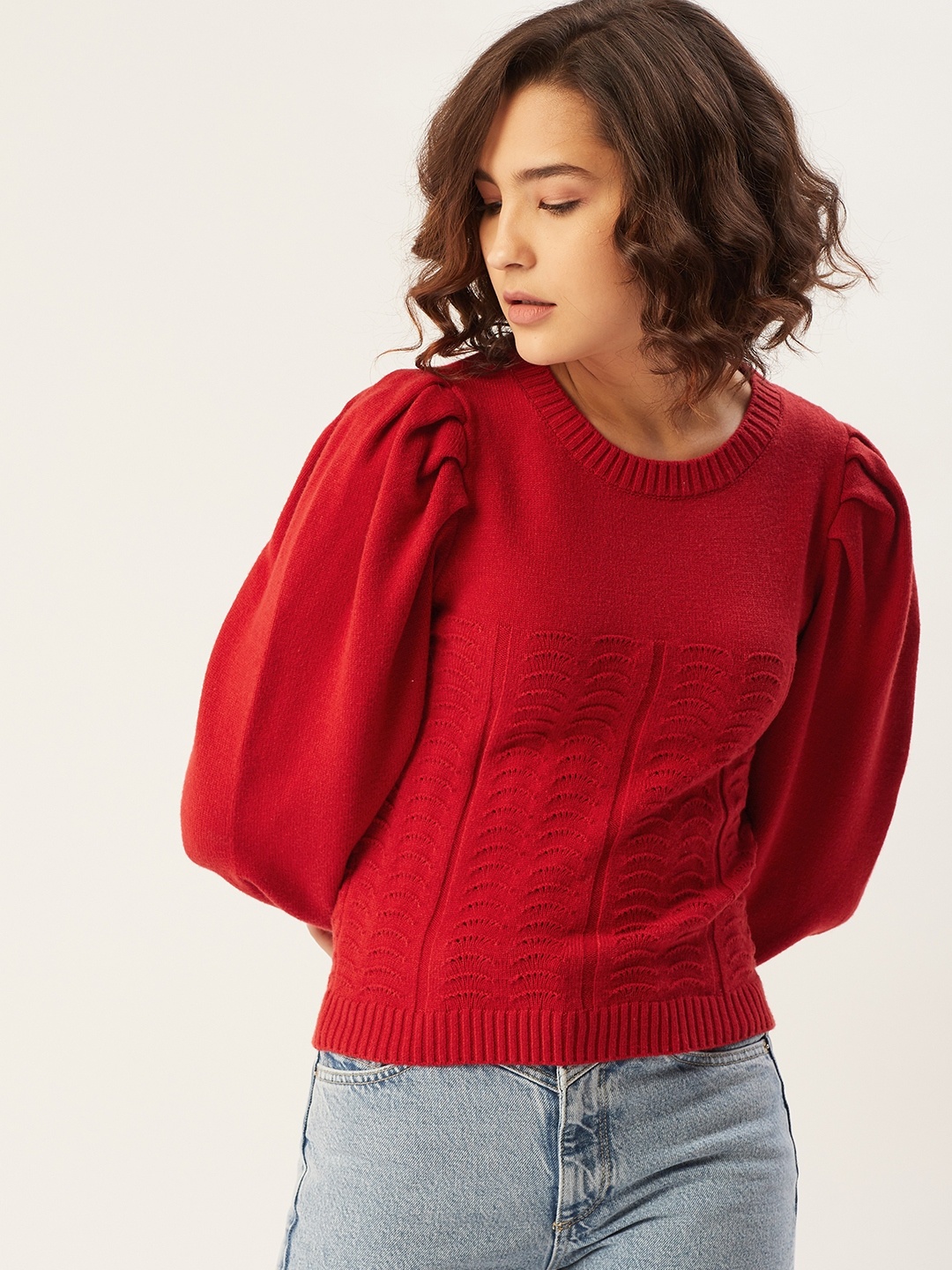 MANGO Women Red Self-Design Puff Sleeves Pullover