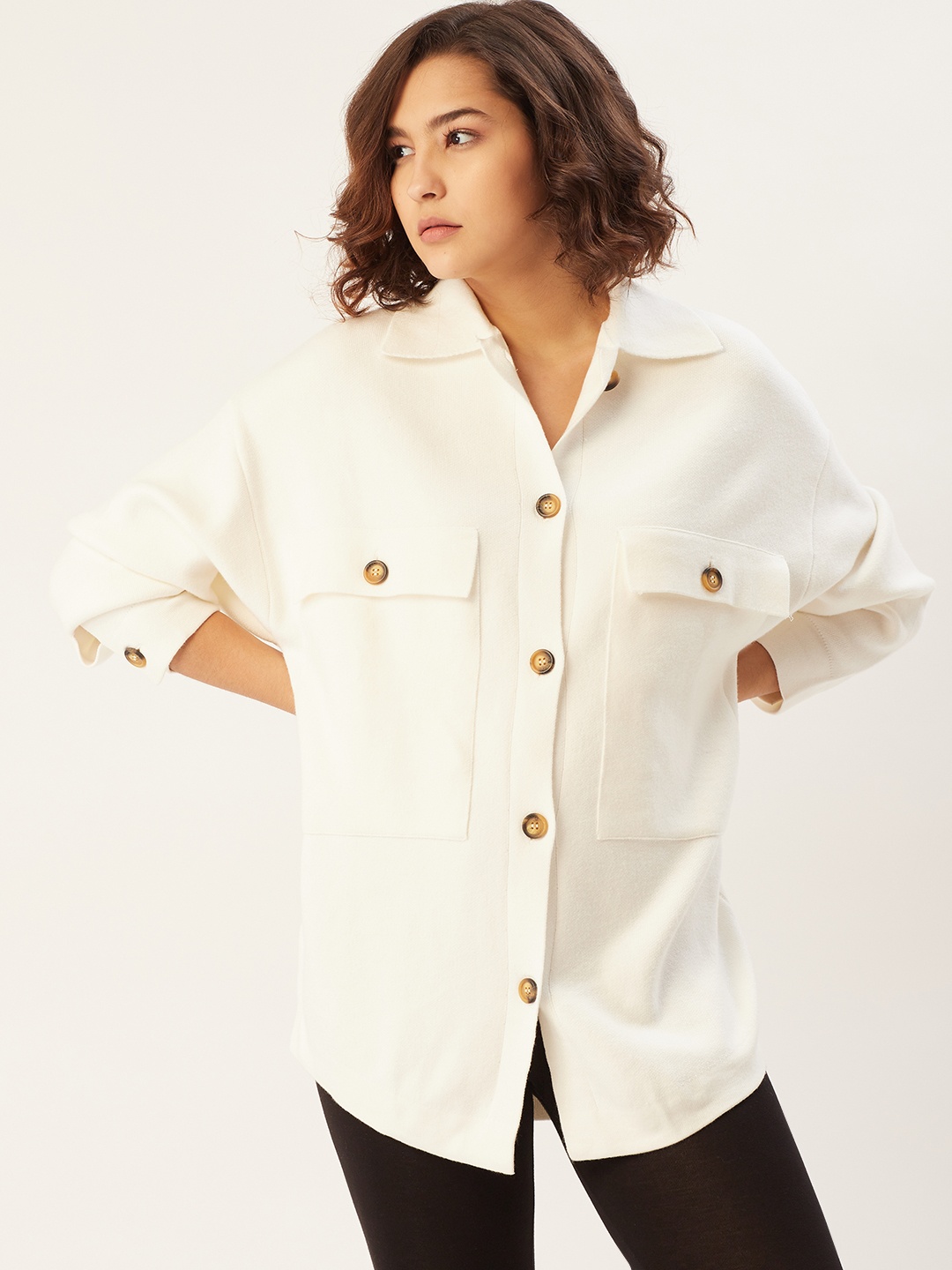 MANGO Women Off White Solid Oversized Shirt Cardigan