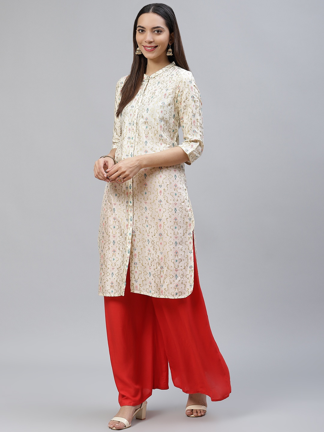 AURELIA Women Cream-Coloured & Golden Ethnic Motifs Printed Straight Kurta