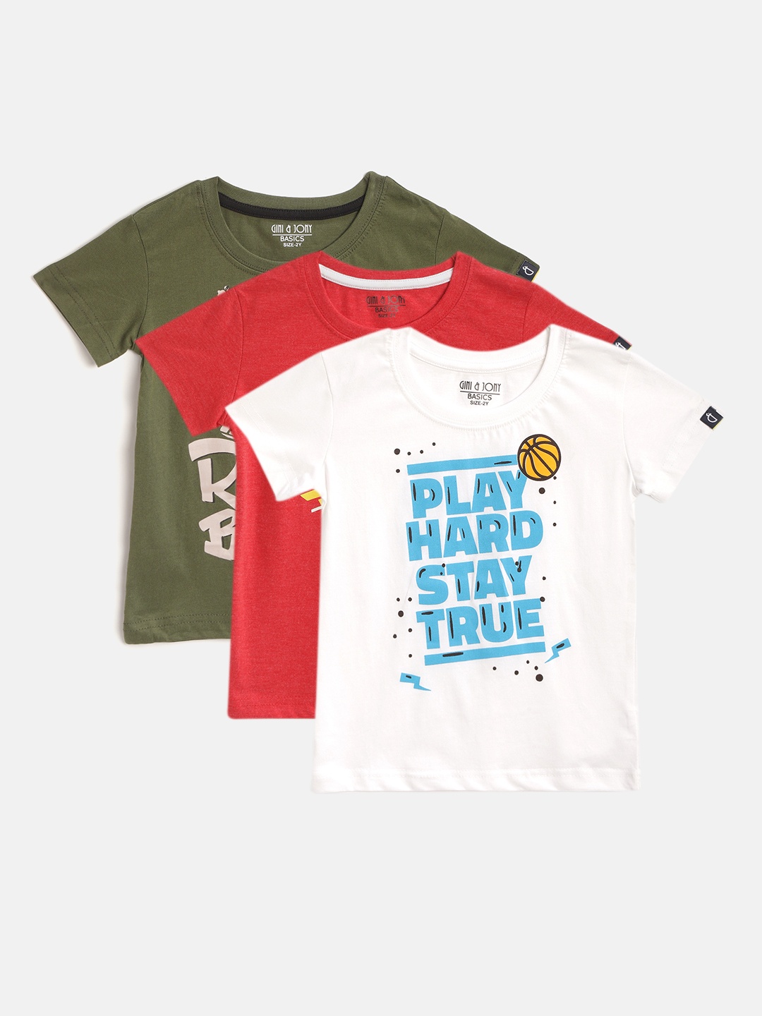 Gini and Jony Infant Boys Pack of 3 Typography Print Round Neck T-shirts, Olive