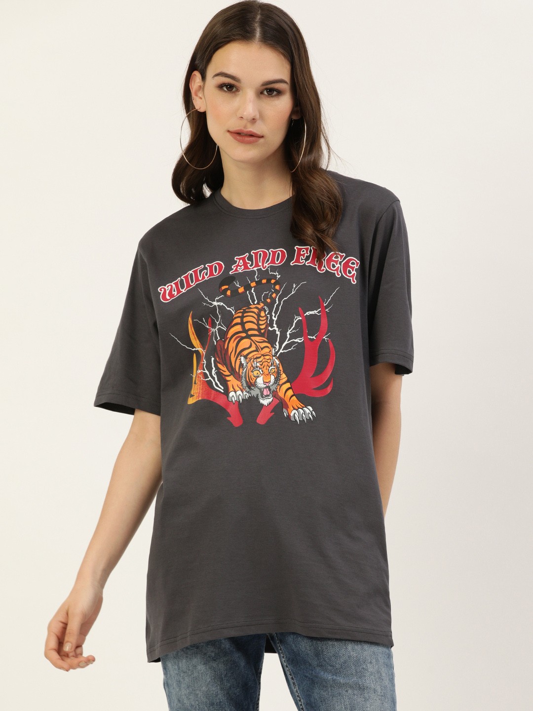 DILLINGER Women Charcoal Grey Printed Round Neck Longline Oversized Pure Cotton T-shirt
DILLINGER Women Charcoal Grey Printed Round Neck Longline Oversized Pure Cotton T-shirt