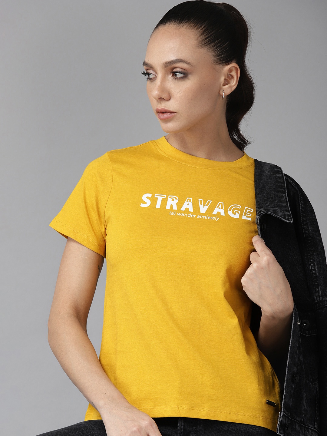 Roadster Women Mustard Yellow Typography Printed Pure Cotton T-shirt