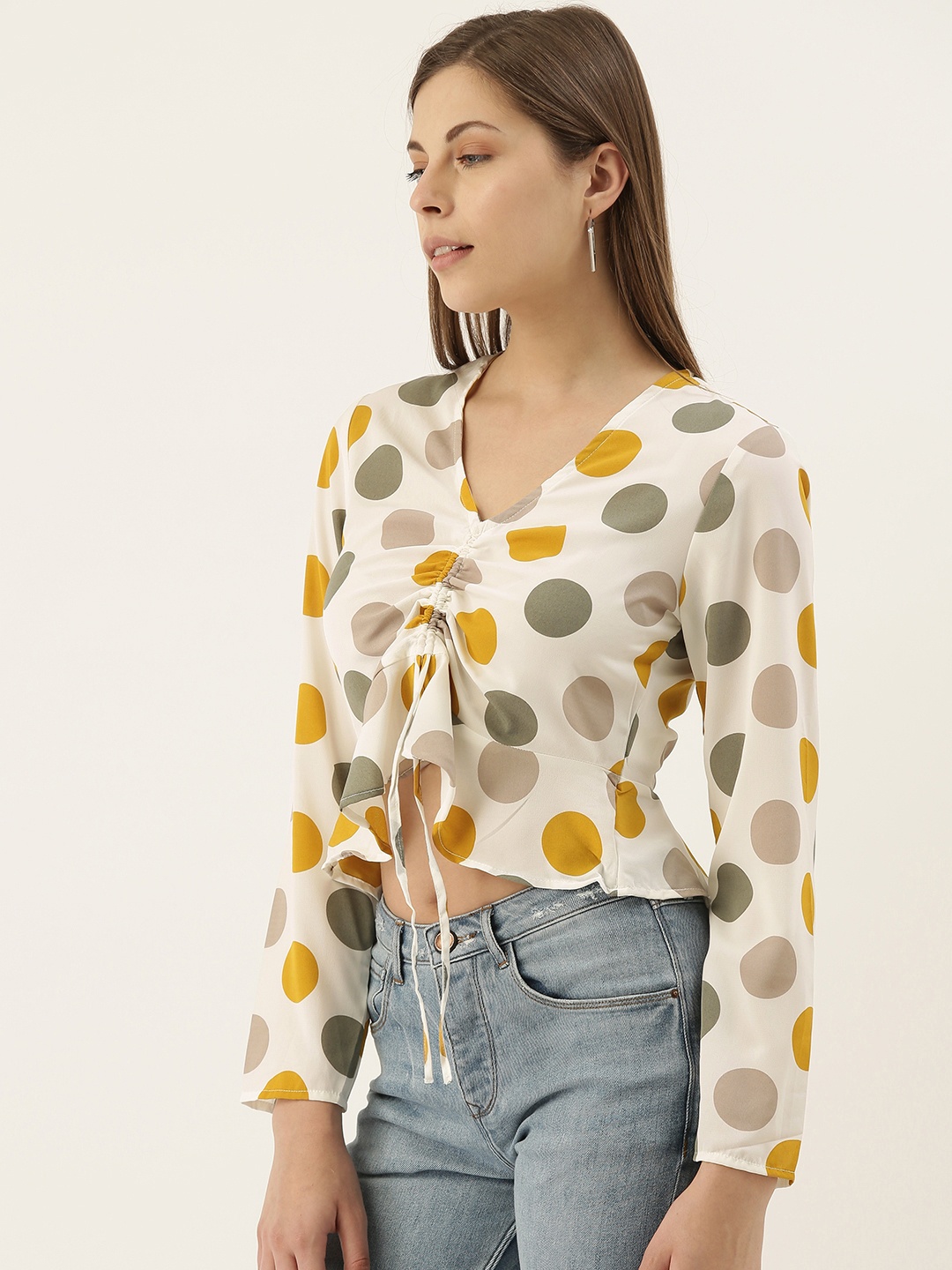 Campus Sutra White & Olive Green Polka Dot Print Cinched Front Crop A-Line Top
Campus Sutra White & Olive Green Polka Dot Print Cinched Front Crop A-Line Top