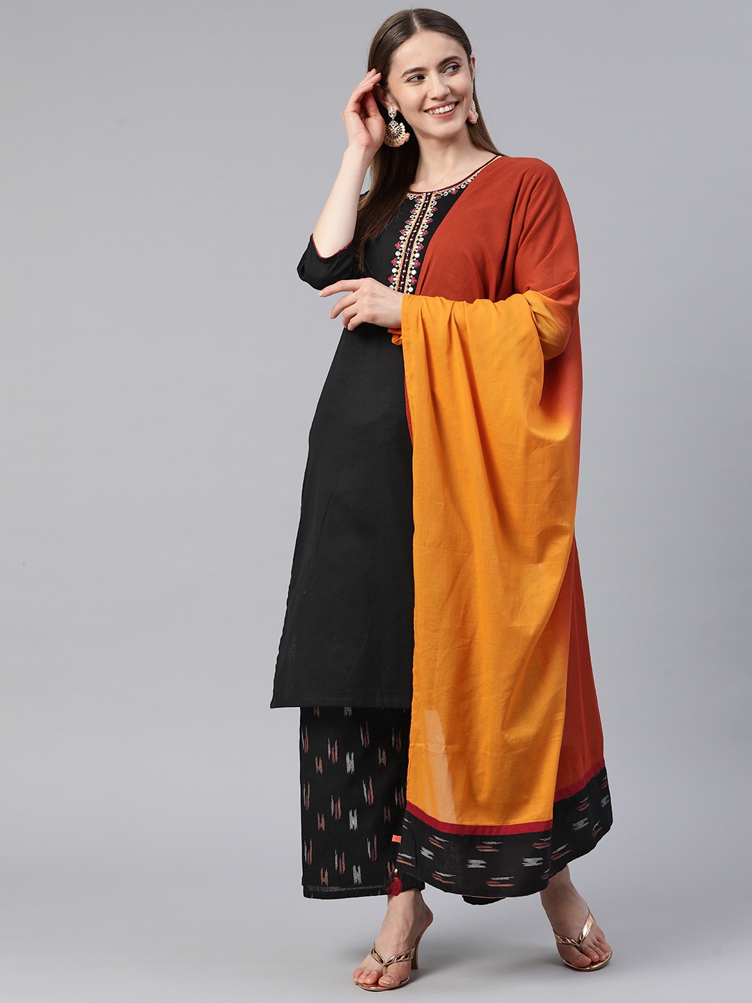 Rangriti Women Cotton Linen Embroidered Thread Work Kurta with Palazzos & With Dupatta, Black
Rangriti Women Cotton Linen Embroidered Thread Work Kurta with Palazzos & With Dupatta, Black