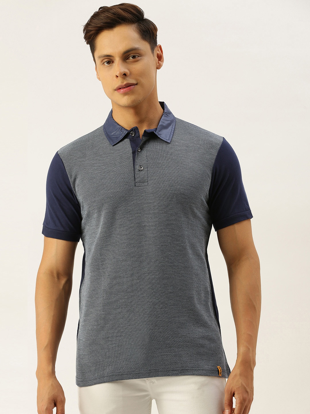 Campus Sutra Men Grey Blue Self Design Bio Wash Pure Cotton Polo Collar Pure Cotton T-shirt
Campus Sutra Men Grey Blue Self Design Bio Wash Pure Cotton Polo Collar Pure Cotton T-shirt
