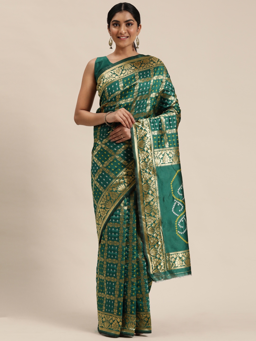 Mitera Green & Gold-Toned Checked Bandhani Saree