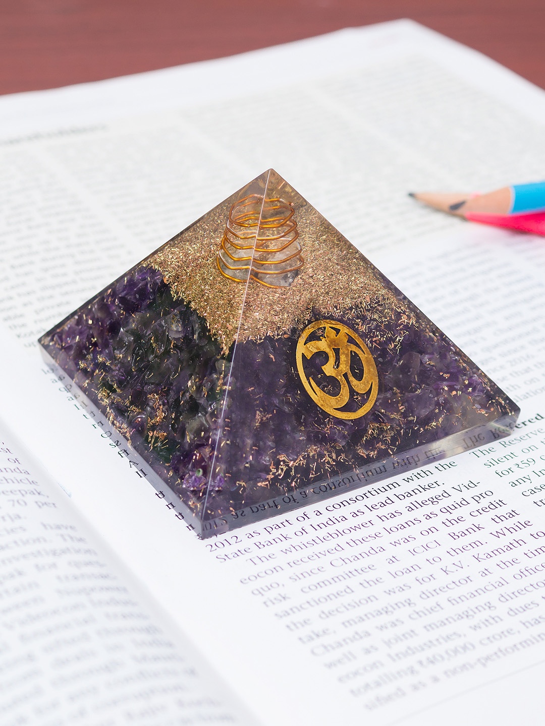 Golden Peacock Purple & Gold-Toned Om Engraved Crystal Healing Stone Pyramid Showpiece
Golden Peacock Purple & Gold-Toned Om Engraved Crystal Healing Stone Pyramid Showpiece