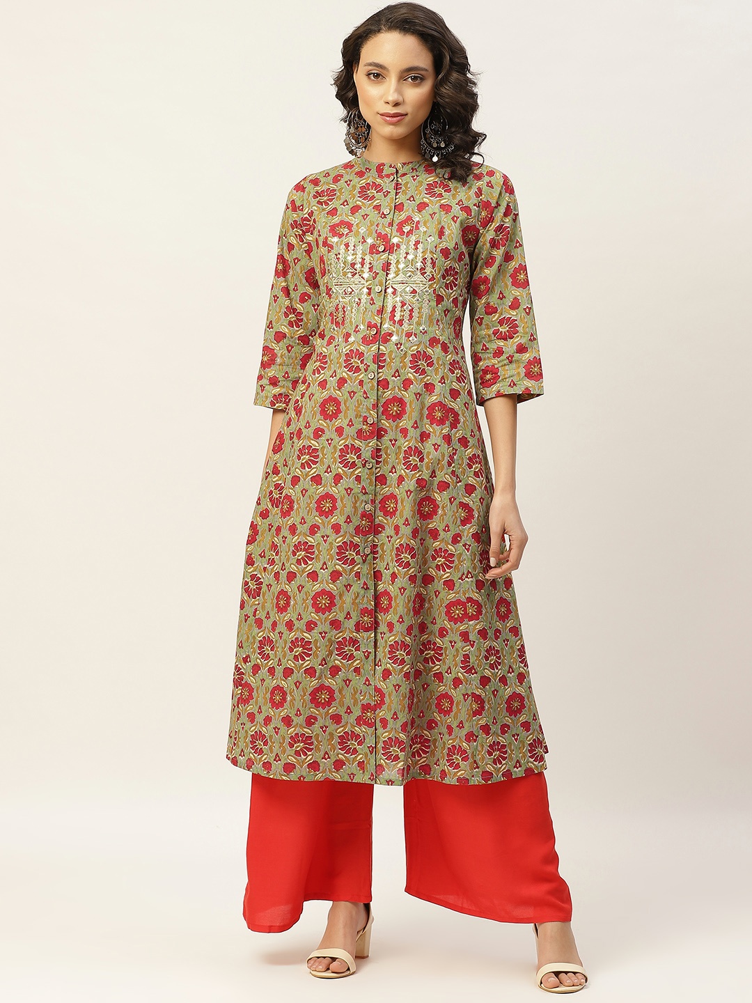 Shae by SASSAFRAS Women Green & Red Ethnic Motifs Printed Zari Work Kurta, Brown