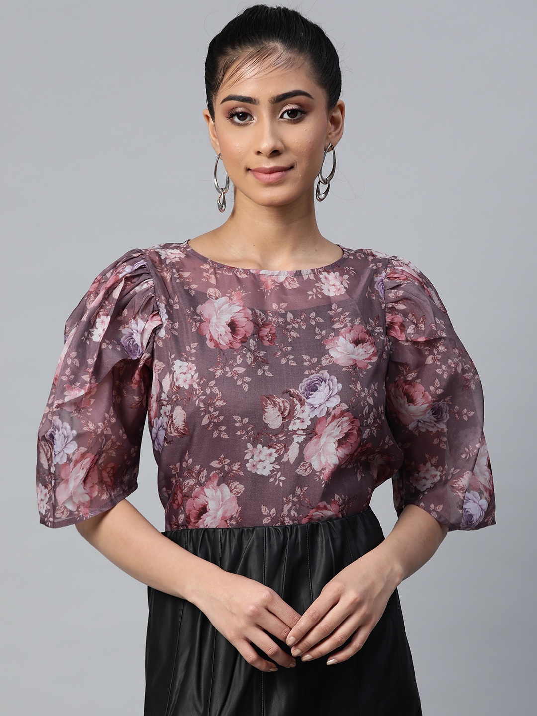 SASSAFRAS Purple & Pink Floral Print Puff Sleeves Top