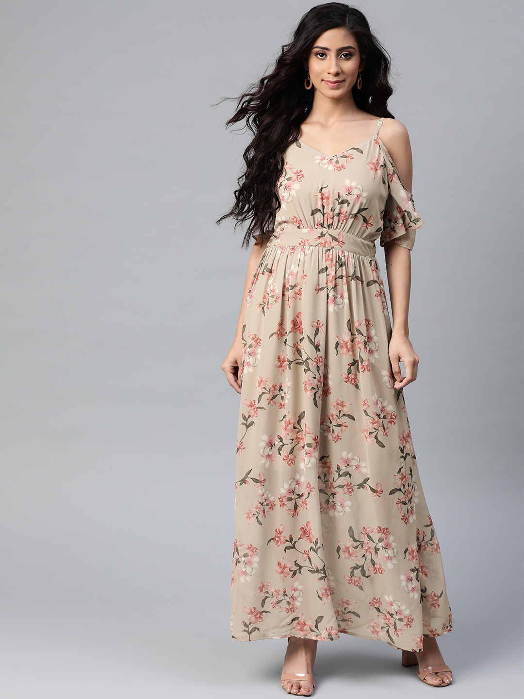 SASSAFRAS Women Olive Green & Pink Floral Printed Maxi Dress With Cold-Shoulder Sleeves
SASSAFRAS Women Olive Green & Pink Floral Printed Maxi Dress With Cold-Shoulder Sleeves