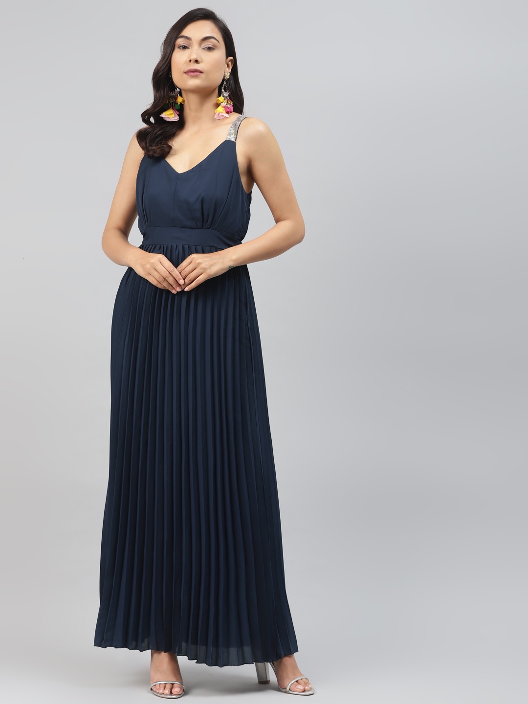 SASSAFRAS Women Navy Blue Accordion Pleat Maxi Dress With Sequin Detail