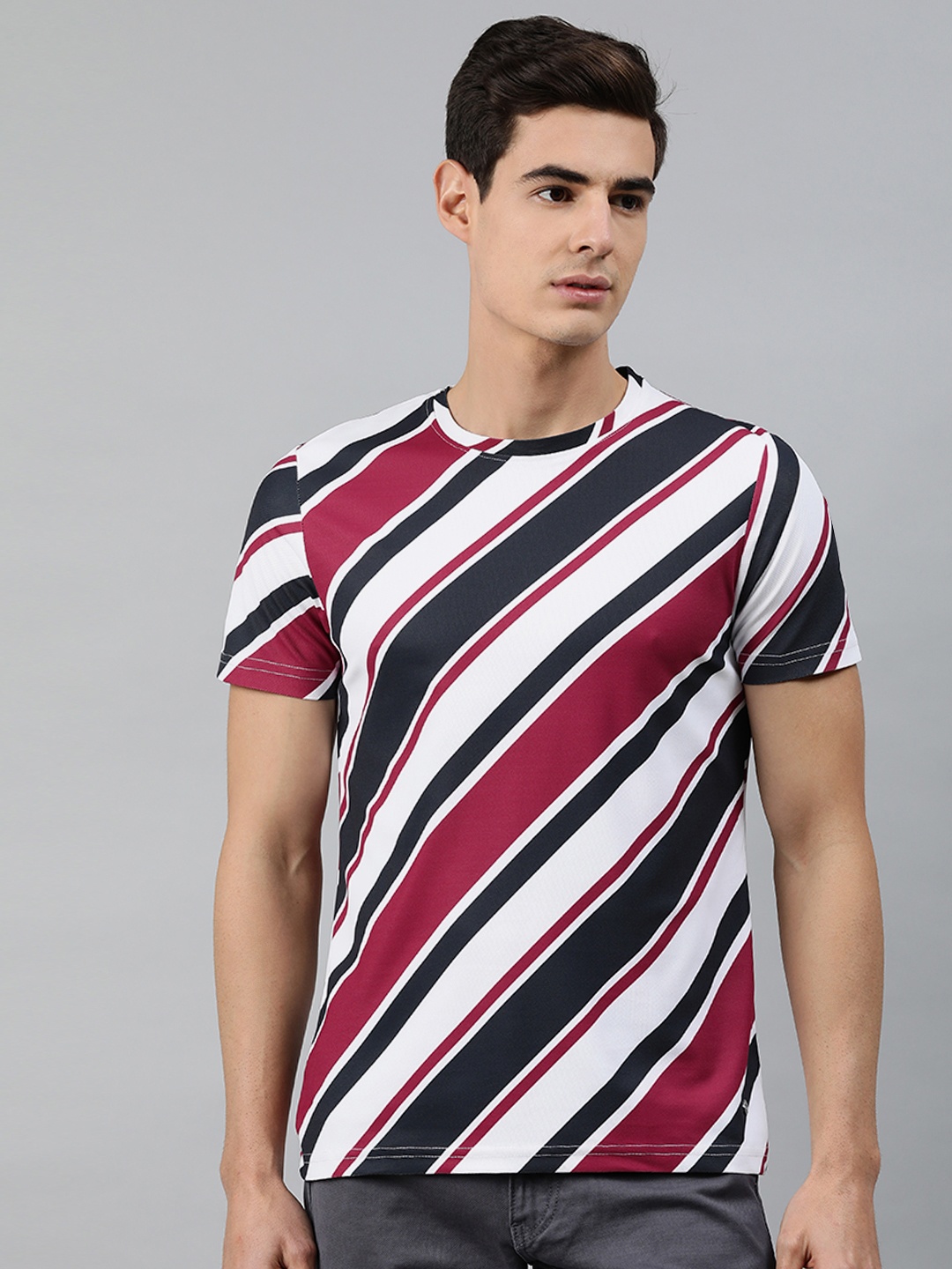 MARCA Disati Men Black & White Striped Round Neck T-shirt