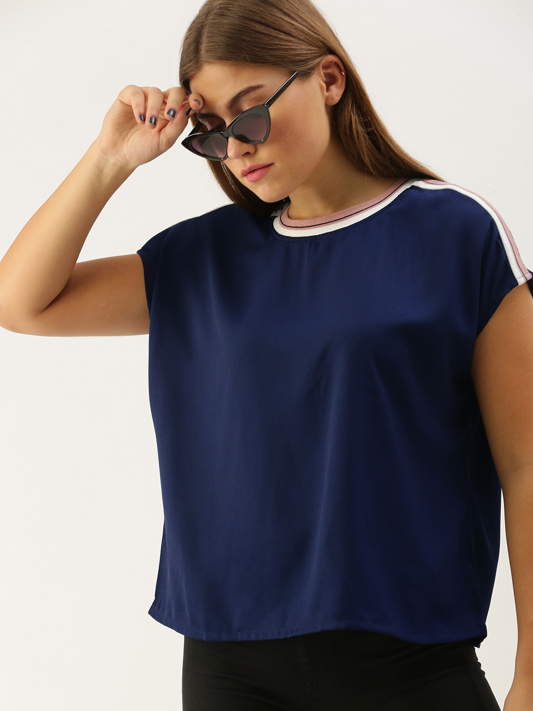 Chemistry Navy Blue Solid Boxy Top