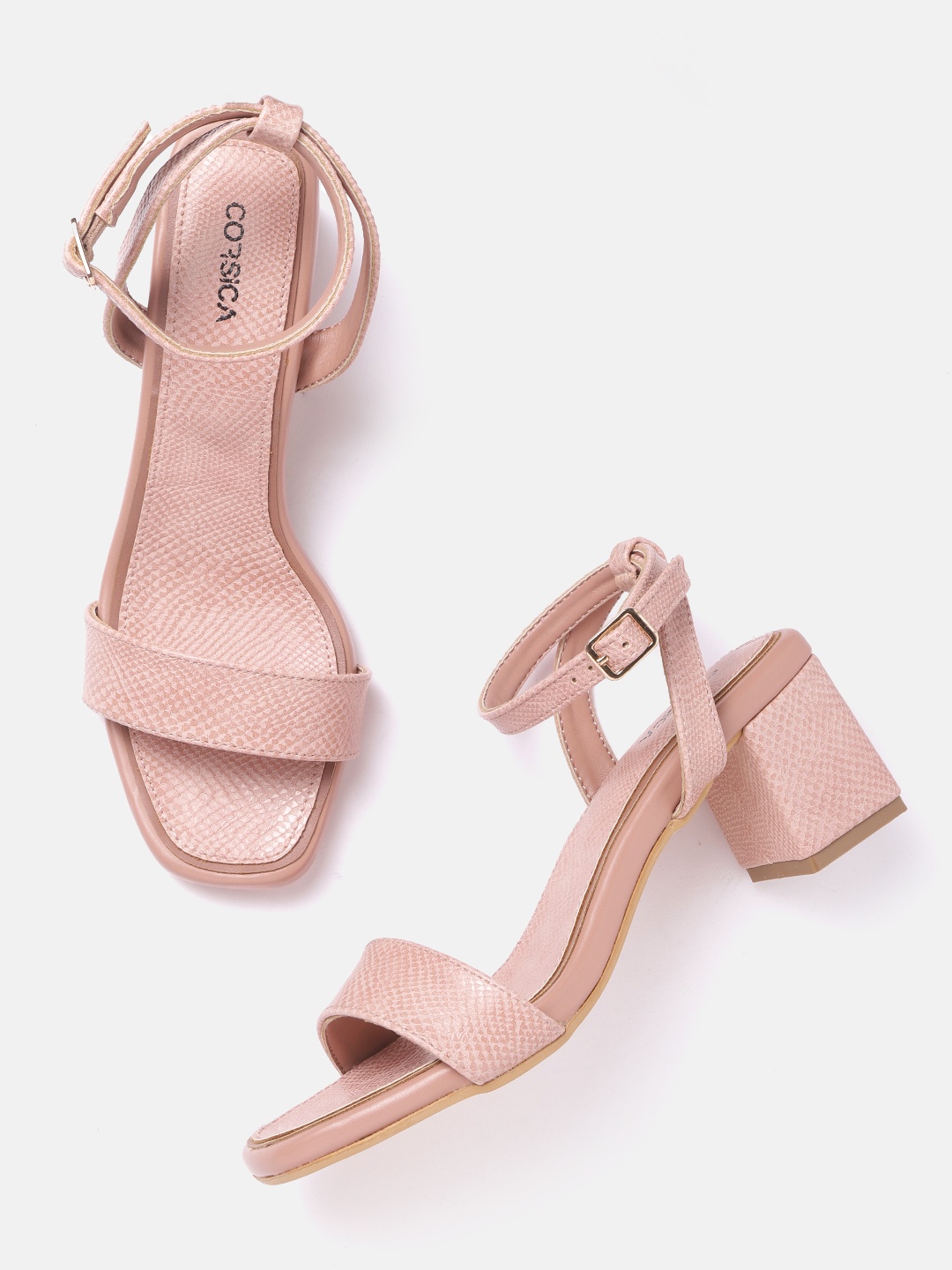 CORSICA Women Peach-Coloured Snake-skin Textured Mid-Top Block Heels