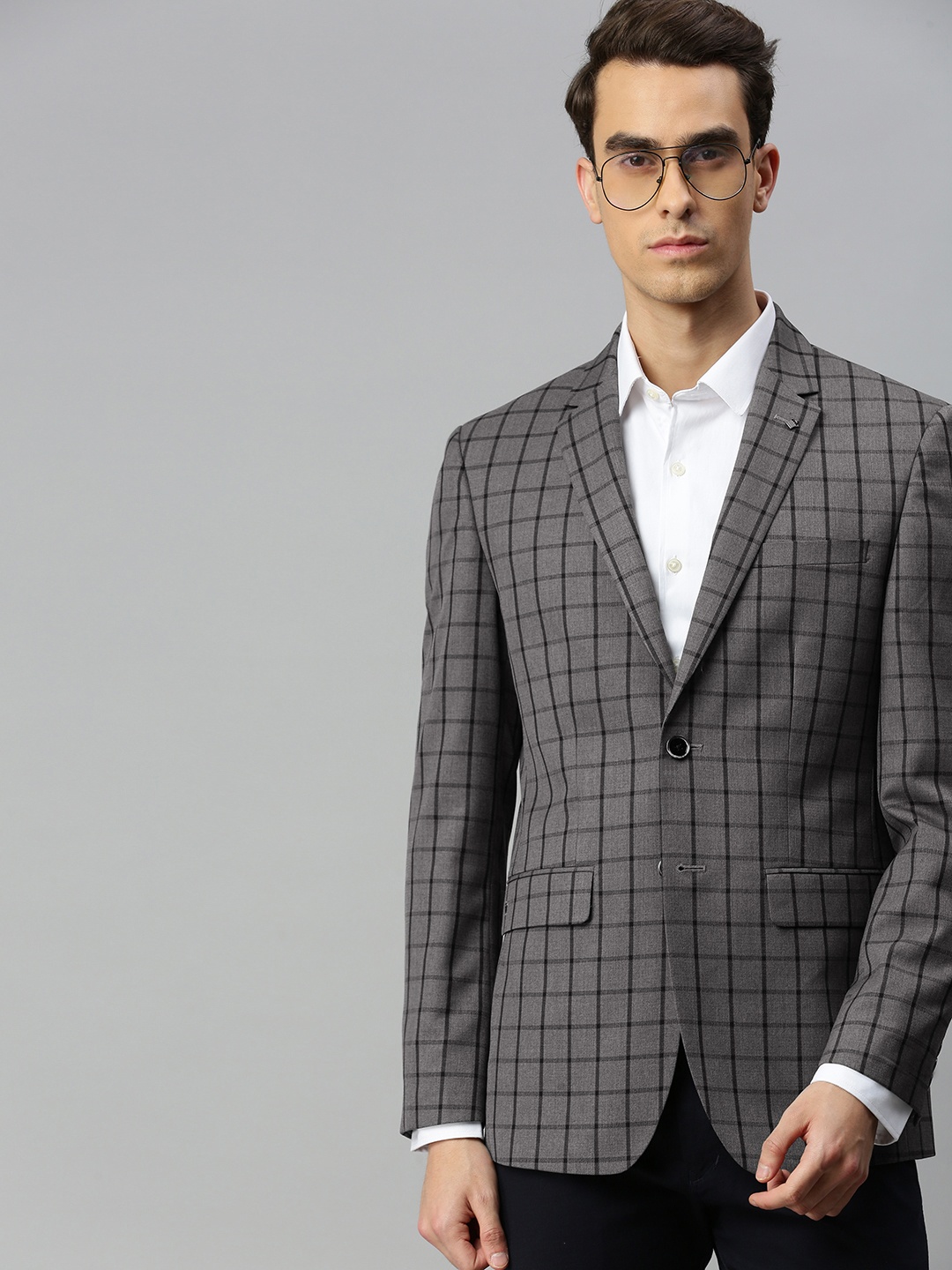 Louis Philippe Men Grey & Black Checked Slim Fit Single-Breasted Formal Blazer
Louis Philippe Men Grey & Black Checked Slim Fit Single-Breasted Formal Blazer