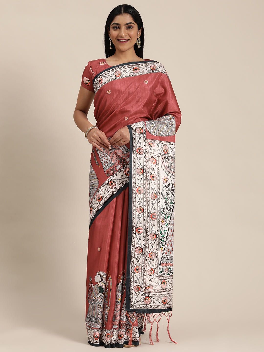 Mitera Maroon & White Satin Printed Tussar Saree