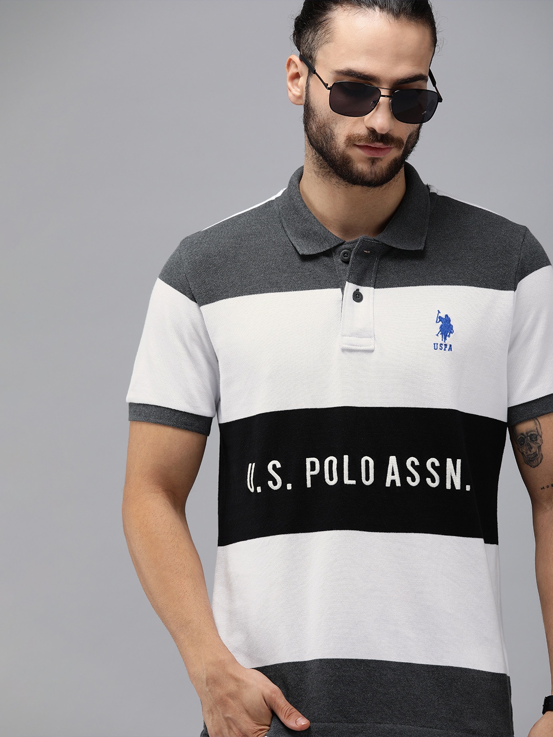 U.S. Polo Assn. Men White Charcoal Grey Slim Fit Striped Polo Collar Pure Cotton T-shirt with Logo
U.S. Polo Assn. Men White Charcoal Grey Slim Fit Striped Polo Collar Pure Cotton T-shirt with Logo