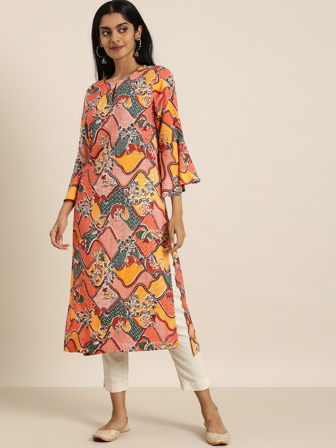 Sangria Women Multicoloured Ethnic Motifs Printed Keyhole Neck Bell Sleeves Kurta, Multi
Sangria Women Multicoloured Ethnic Motifs Printed Keyhole Neck Bell Sleeves Kurta, Multi