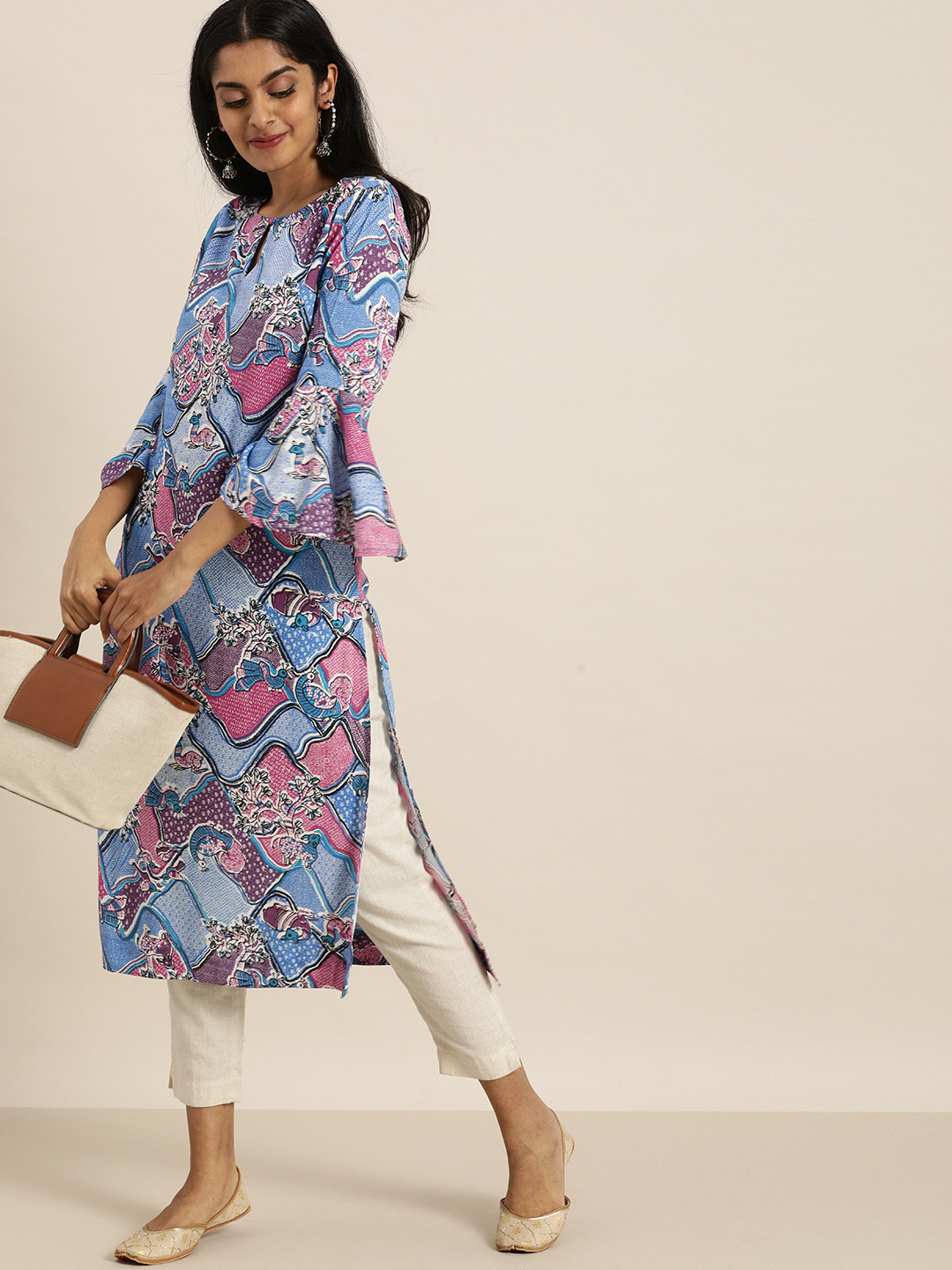 Sangria Women Multicoloured Ethnic Motifs Printed Keyhole Neck Bell Sleeves Kurta, Multi