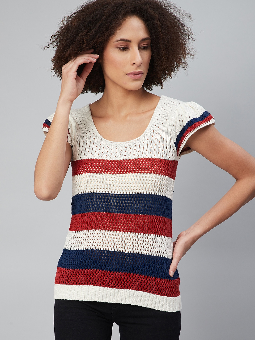 The Roadster Lifestyle Co Off White & Red Striped Sheer Cotton Regular Crochet Knit Top
The Roadster Lifestyle Co Off White & Red Striped Sheer Cotton Regular Crochet Knit Top
