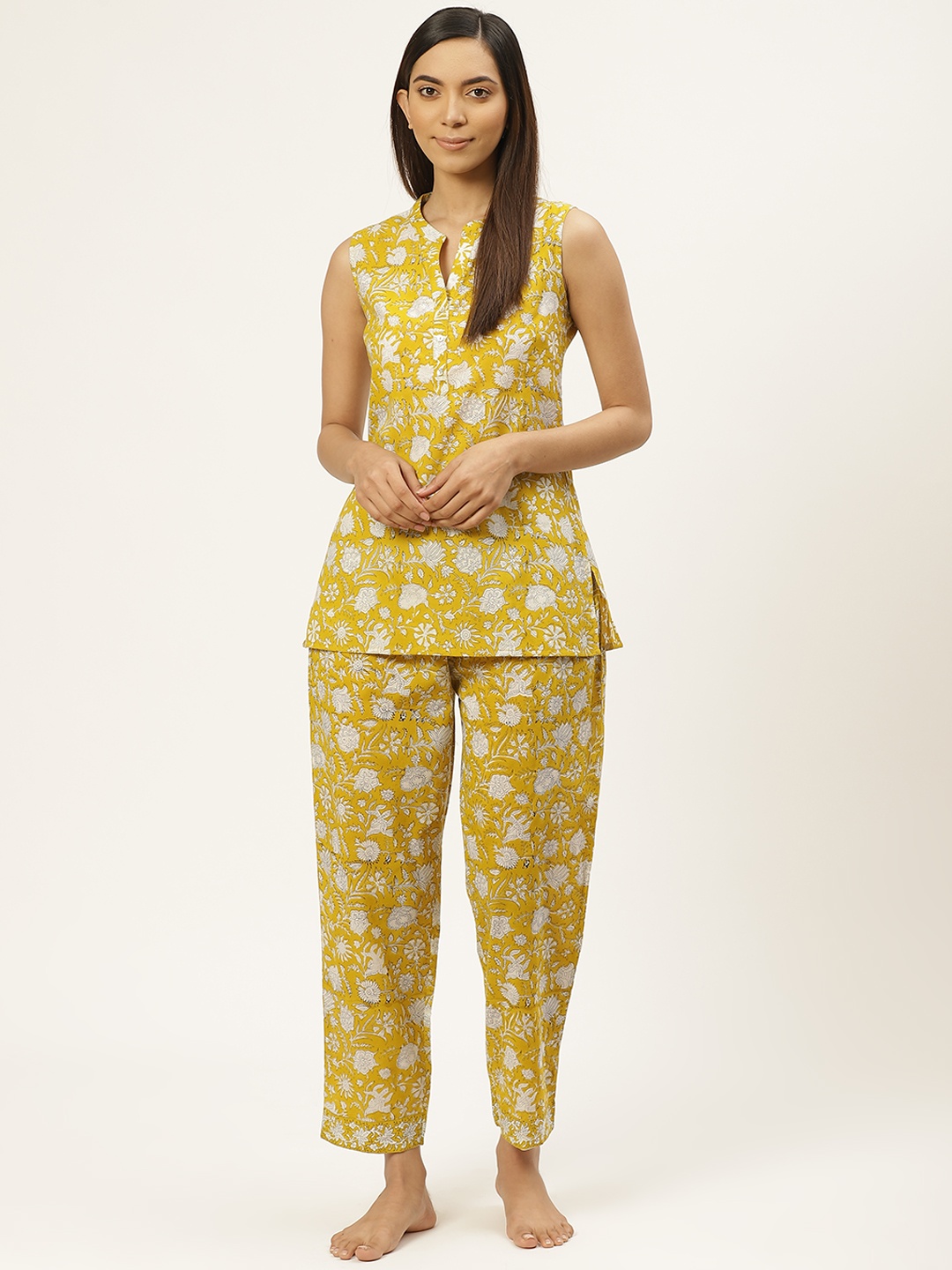Prakrti Women Mustard Yellow & Off-White Pure Cotton Handblock Print Sustainable Night suit
Prakrti Women Mustard Yellow & Off-White Pure Cotton Handblock Print Sustainable Night suit