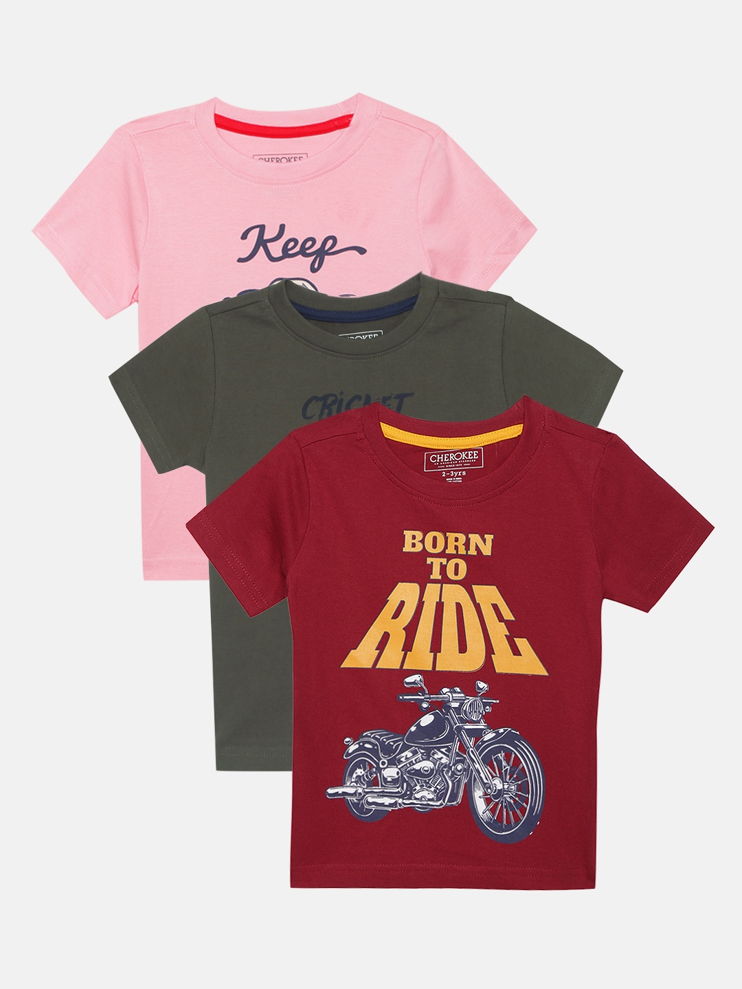 Cherokee Boys Assorted Pack of 3 Printed Round Neck Pure Cotton T-shirts
