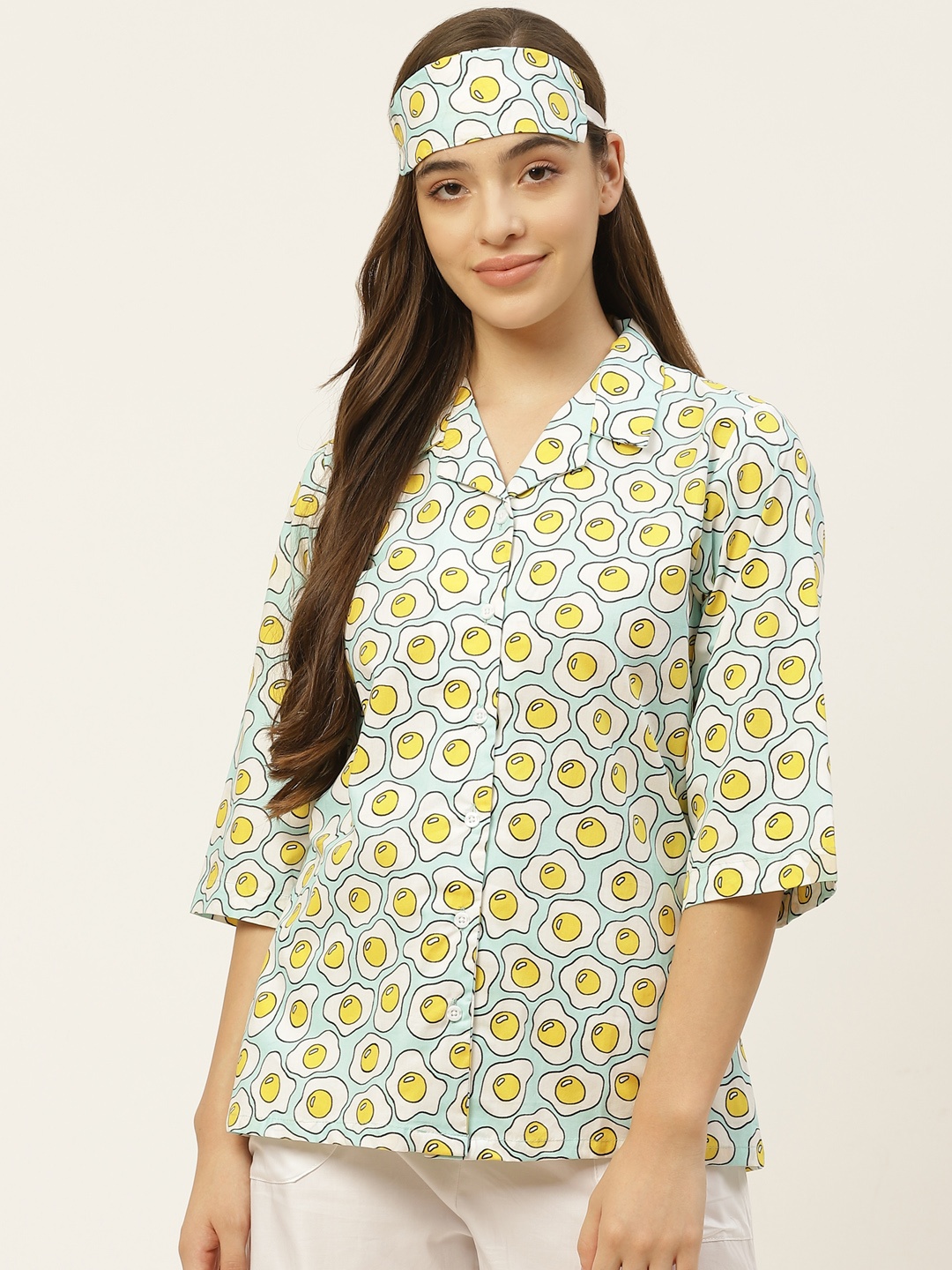 Rapra The Label Women Sea Green & White Omlette Print Pure Cotton Night Suit With Eye Mask
Rapra The Label Women Sea Green & White Omlette Print Pure Cotton Night Suit With Eye Mask