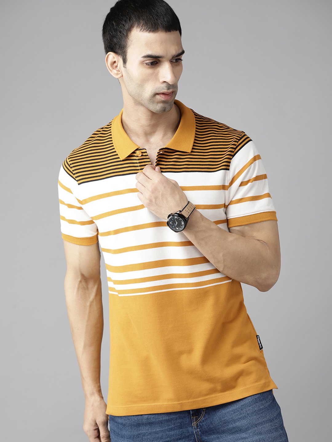 The Roadster Lifestyle Co Men Mustard Yellow & White Striped Polo Collar Pure Cotton T-shirt
The Roadster Lifestyle Co Men Mustard Yellow & White Striped Polo Collar Pure Cotton T-shirt