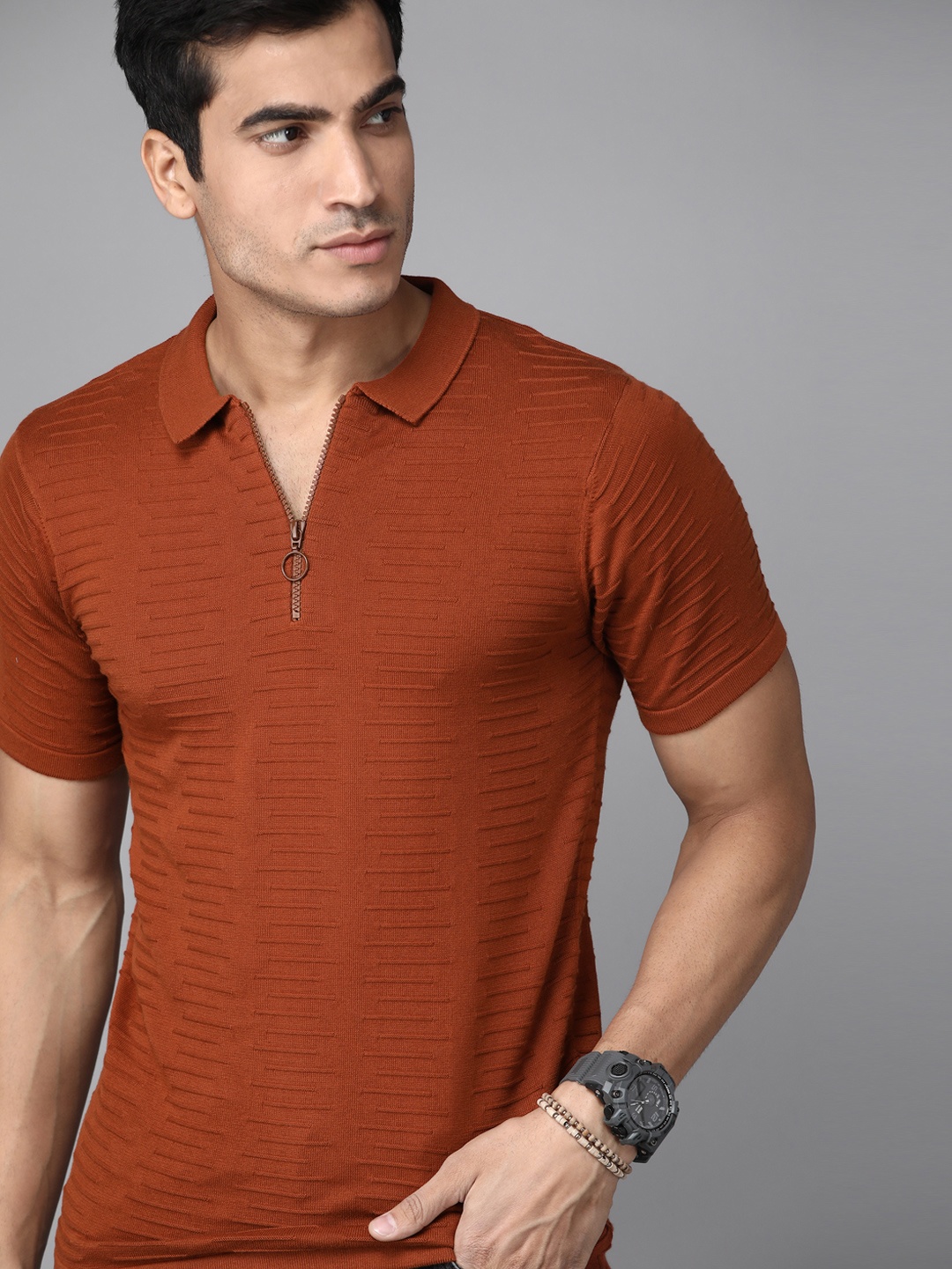 The Roadster Lifestyle Co Men Rust Orange Pure Cotton Self-Striped Polo Collar Pure Cotton T-shirt
The Roadster Lifestyle Co Men Rust Orange Pure Cotton Self-Striped Polo Collar Pure Cotton T-shirt