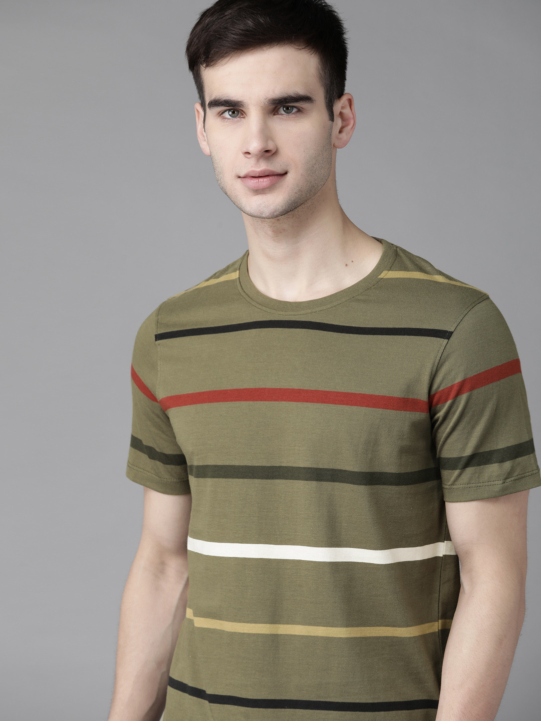 The Roadster Lifestyle Co Men Olive Green Pure Cotton Striped Pure Cotton T-shirt 
The Roadster Lifestyle Co Men Olive Green Pure Cotton Striped Pure Cotton T-shirt