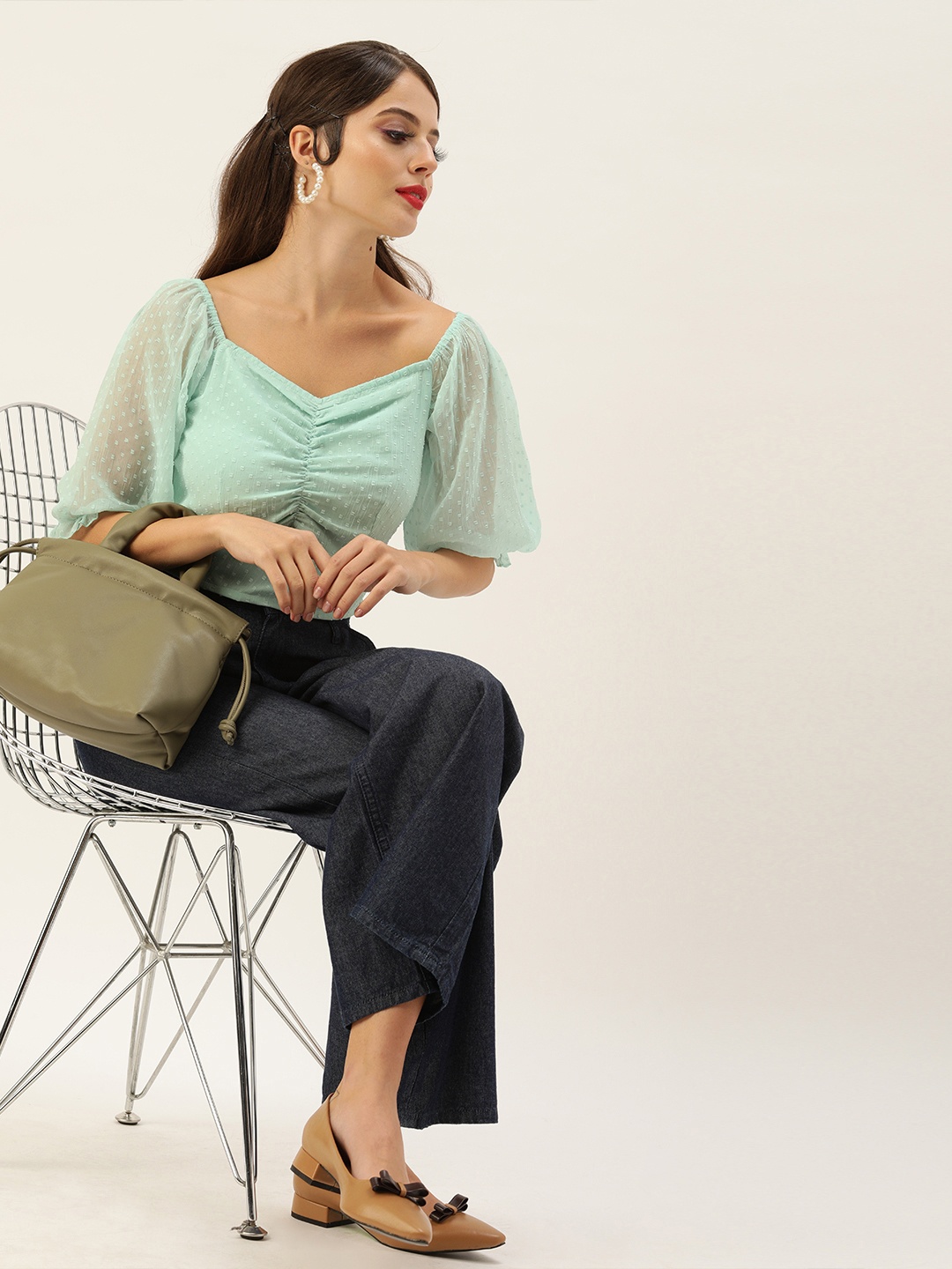 Antheaa Women Sea Green Dobby Self-Design Power Shoulder Sleeves Smocked Regular Crop Top
Antheaa Women Sea Green Dobby Self-Design Power Shoulder Sleeves Smocked Regular Crop Top