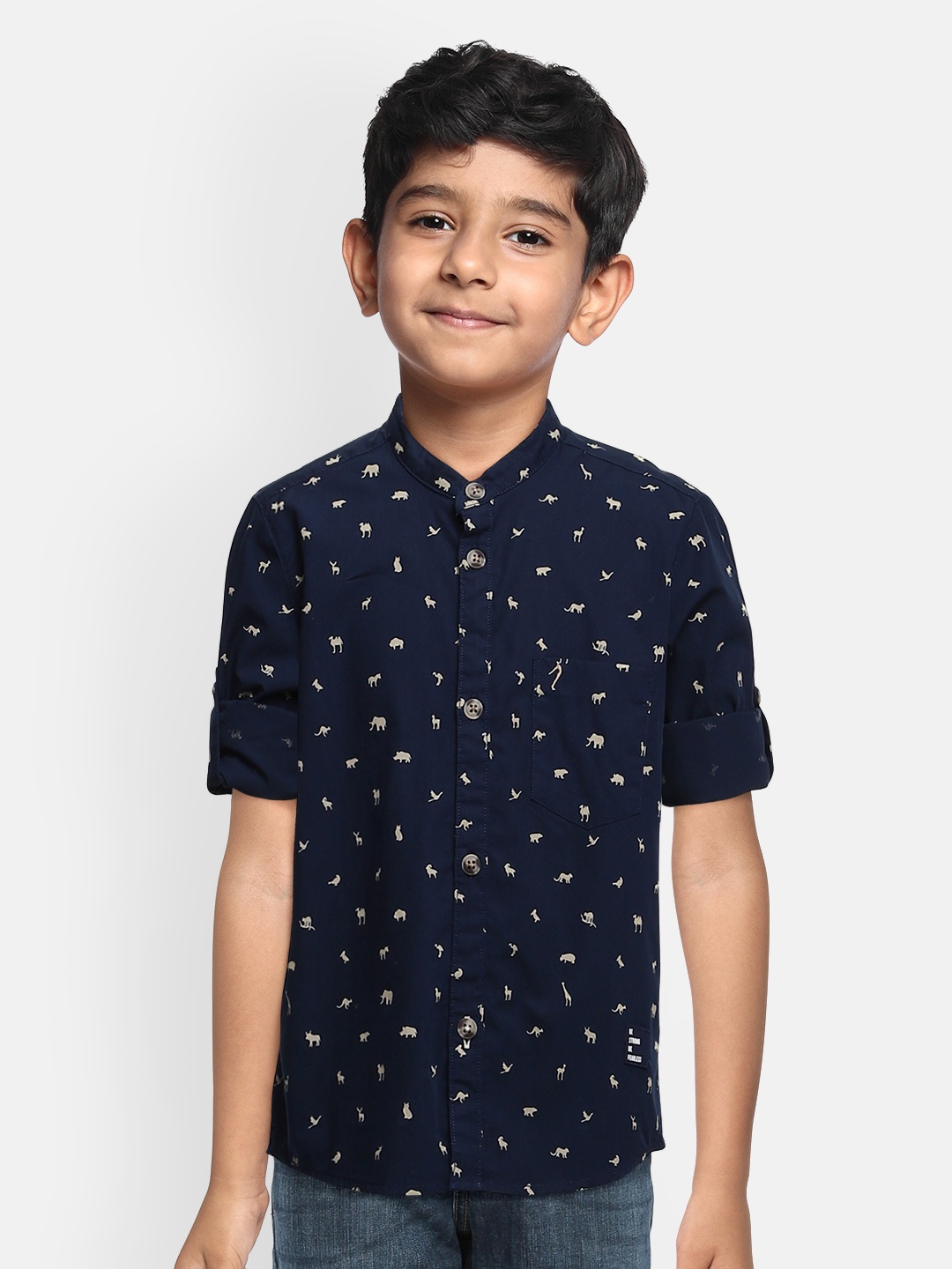 Indian Terrain Boys Navy Blue & Beige Regular Fit Printed Pure Cotton Casual Shirt