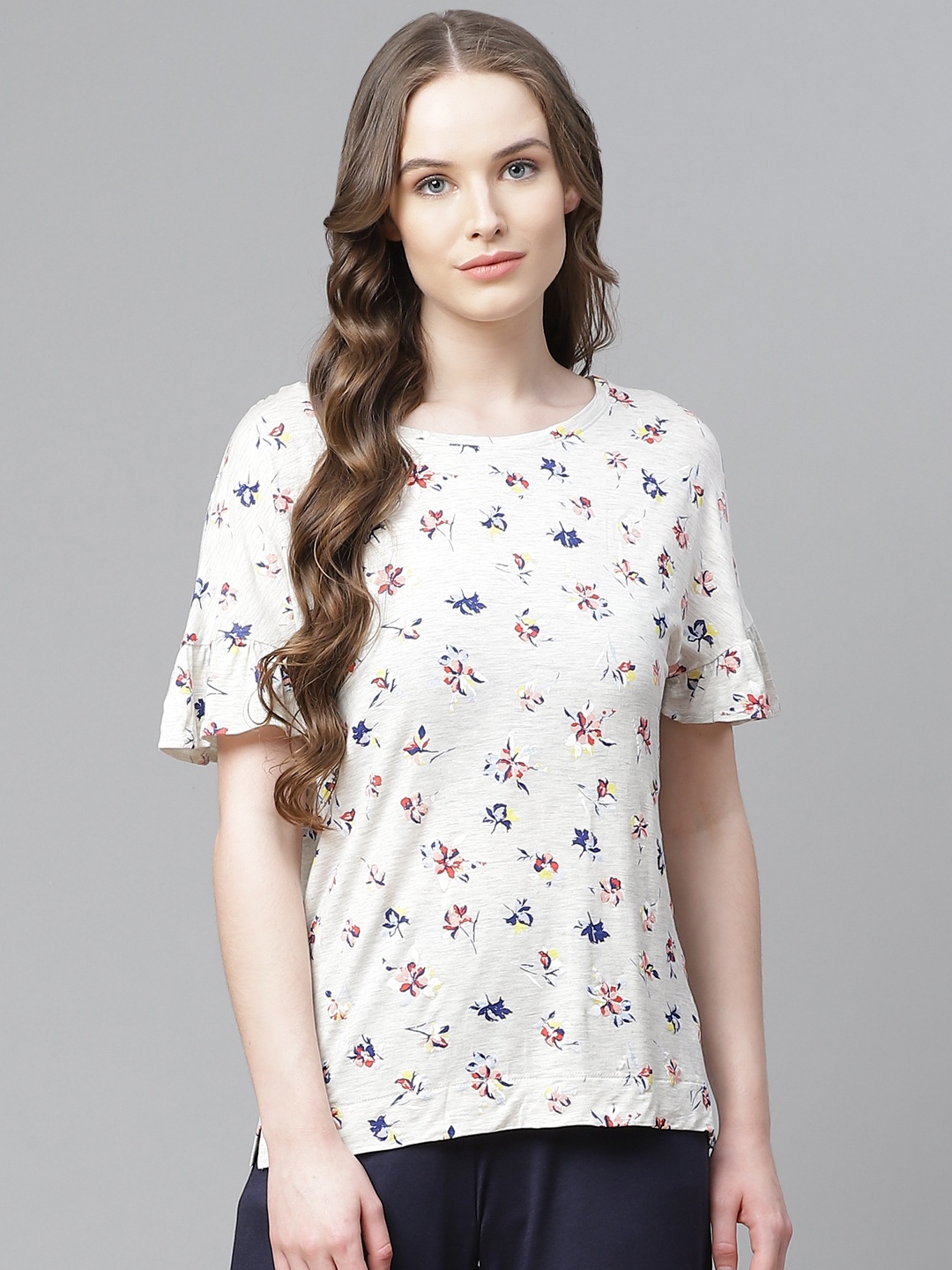 Marks & Spencer Women Off-White & Blue Floral Printed Lounge T-shirt With Ruffled Sleeves
Marks & Spencer Women Off-White & Blue Floral Printed Lounge T-shirt With Ruffled Sleeves